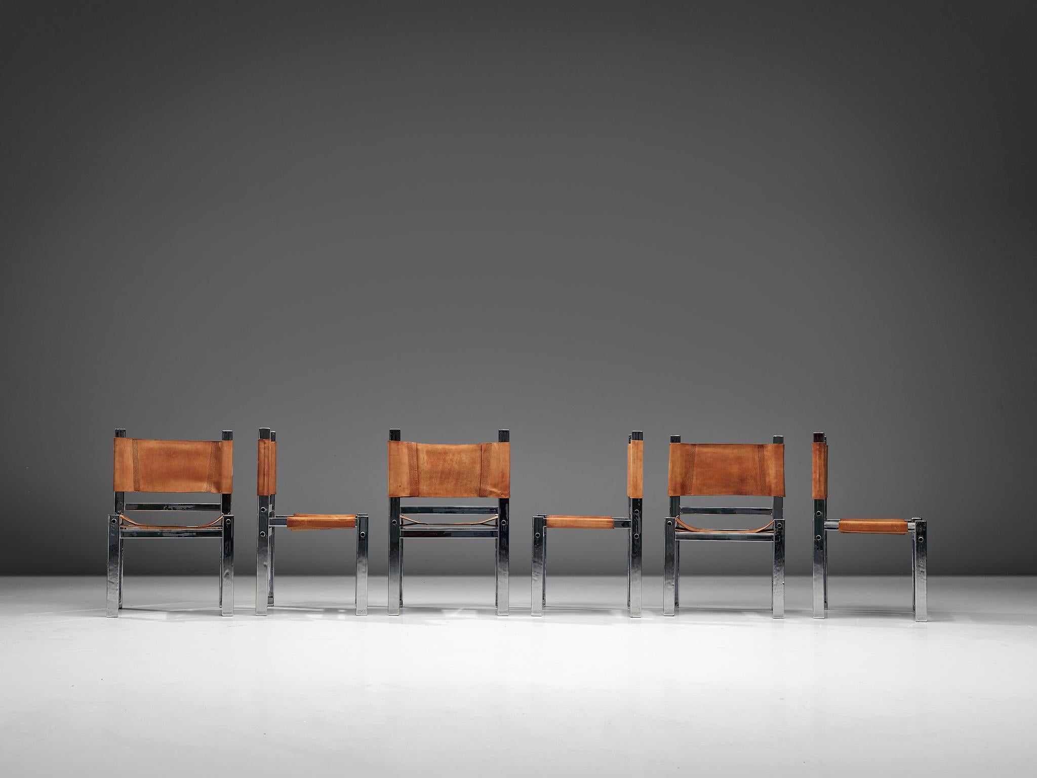 Late 20th Century Italian Set of Six Chairs in Chromed Metal and Cognac Leather