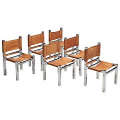 Italian Set of Six Chairs in Chromed Metal and Cognac Leather