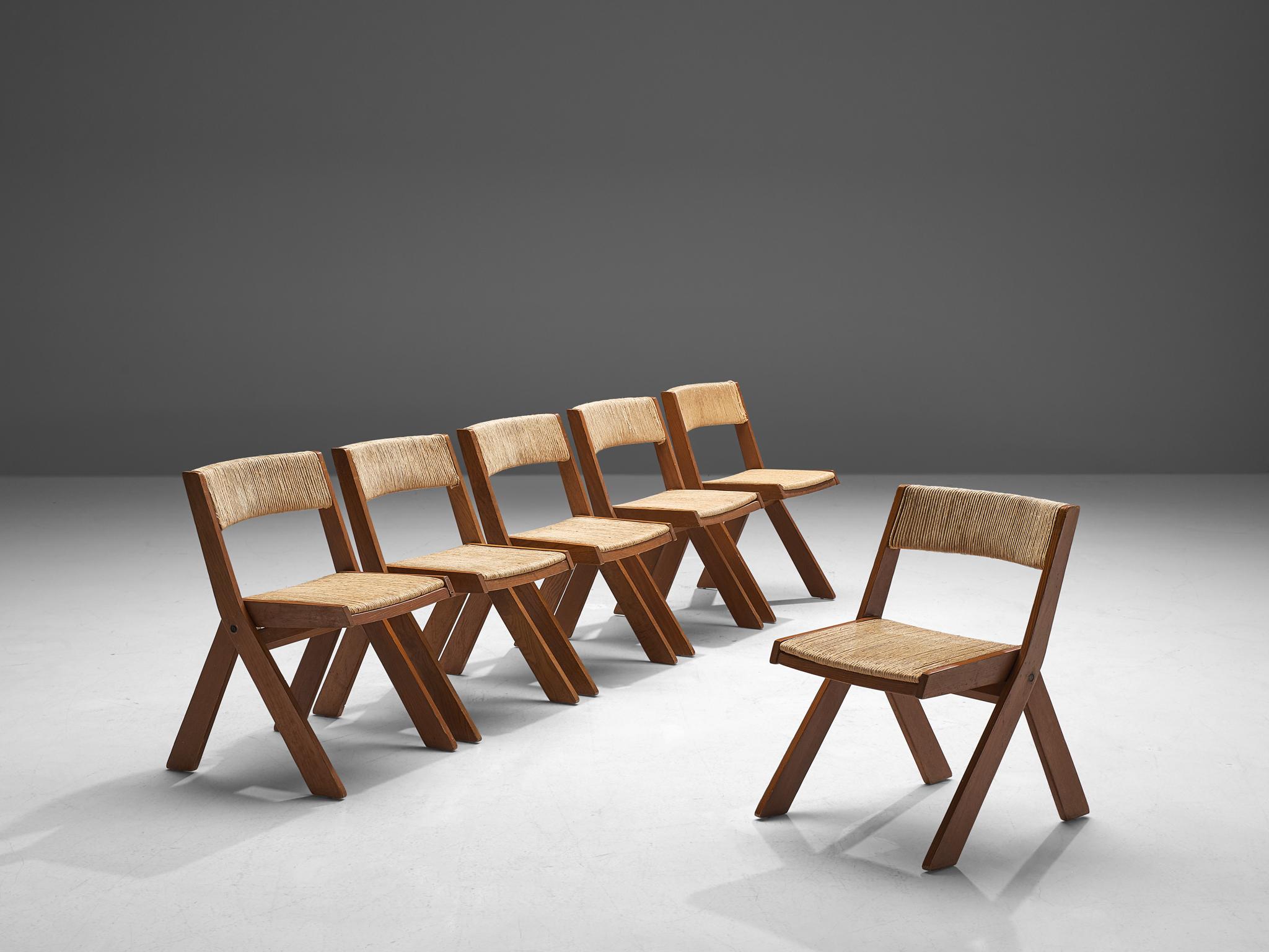 Mid-Century Modern Italian Set of Six Chairs with Rope Seats