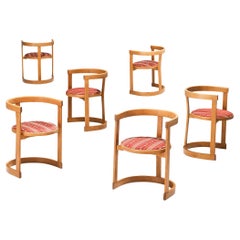 Italian Set of Six Sculptural Dining Chairs in Wood and Fabric Upholstery