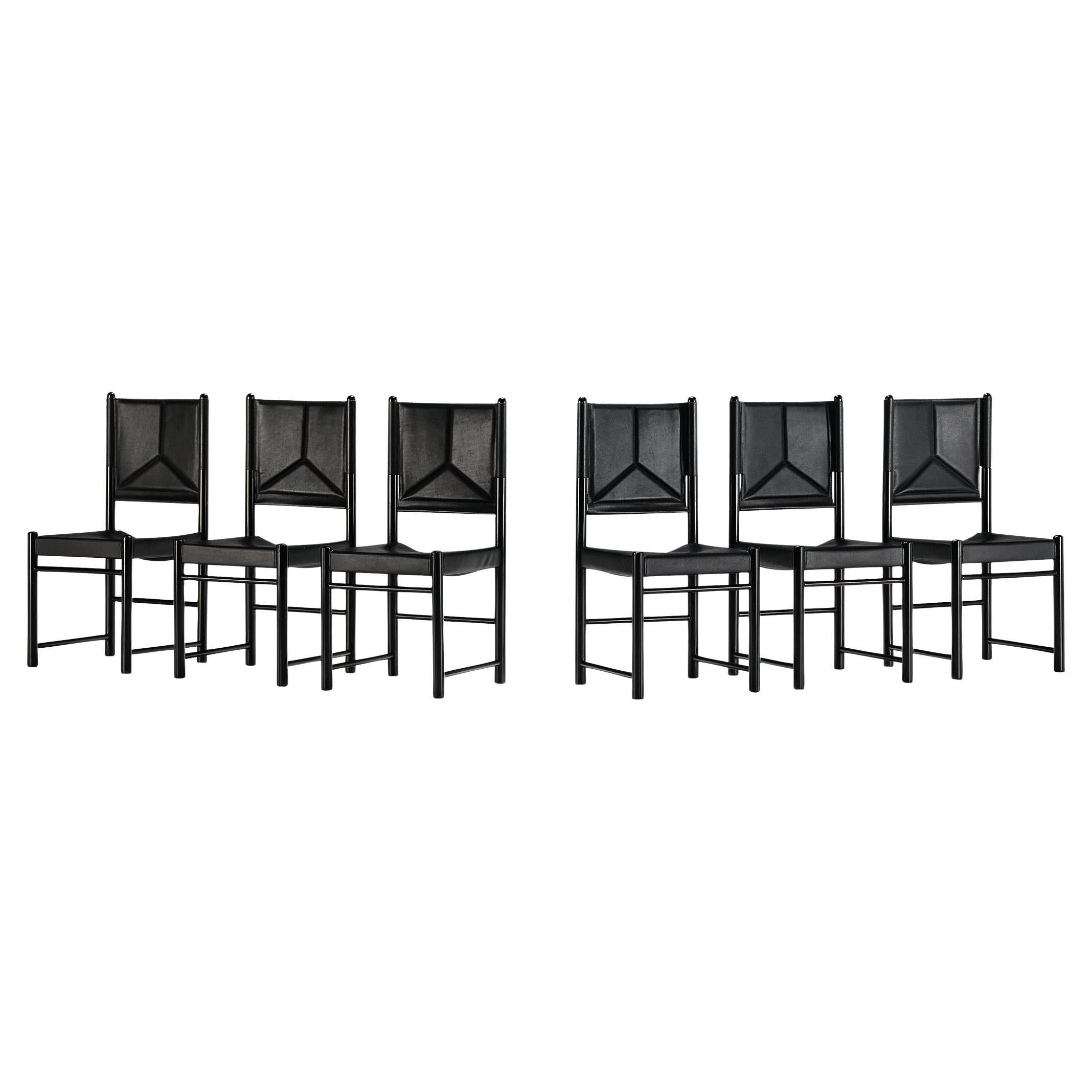 Italian Set of Six Dining Chairs in Black Upholstery with Black Frame 