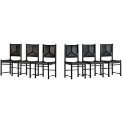 Italian Set of Six Dining Chairs in Black Upholstery with Black Frame
