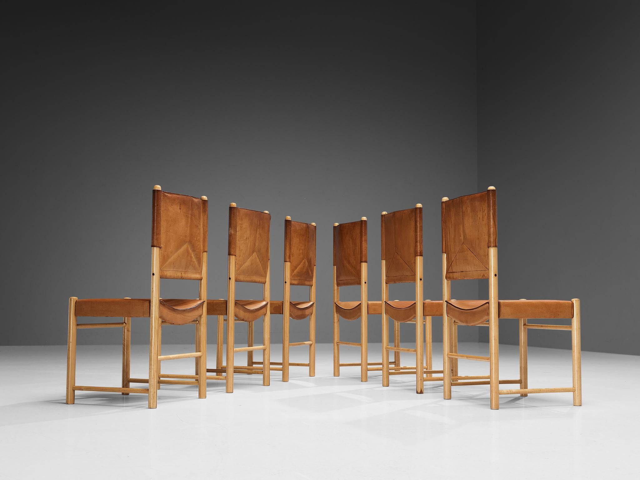 Late 20th Century Italian Set of Six Dining Chairs in Cognac Leather For Sale