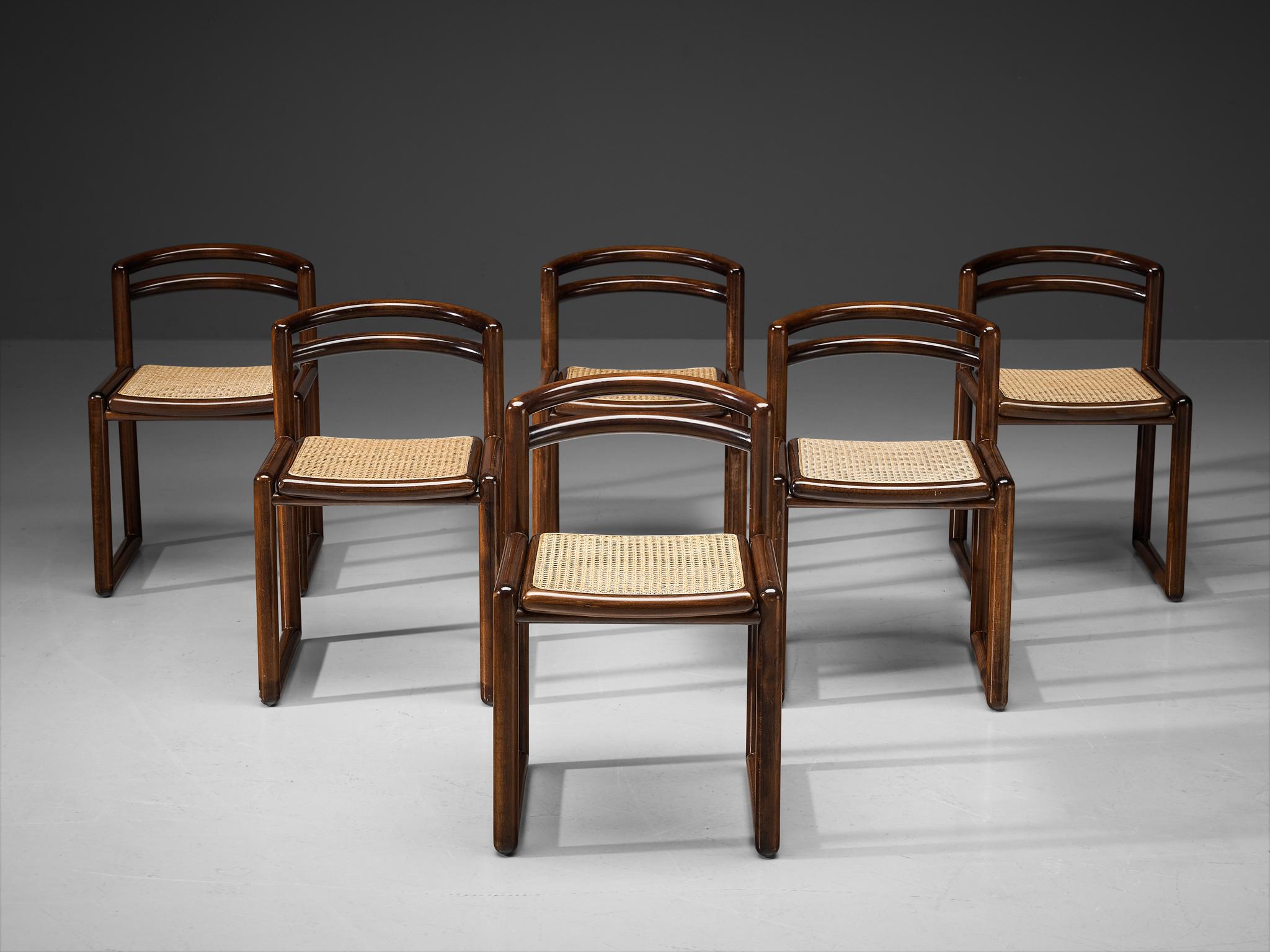 Italian Set of Six Dining Chairs in Stained Wood and Cane 1