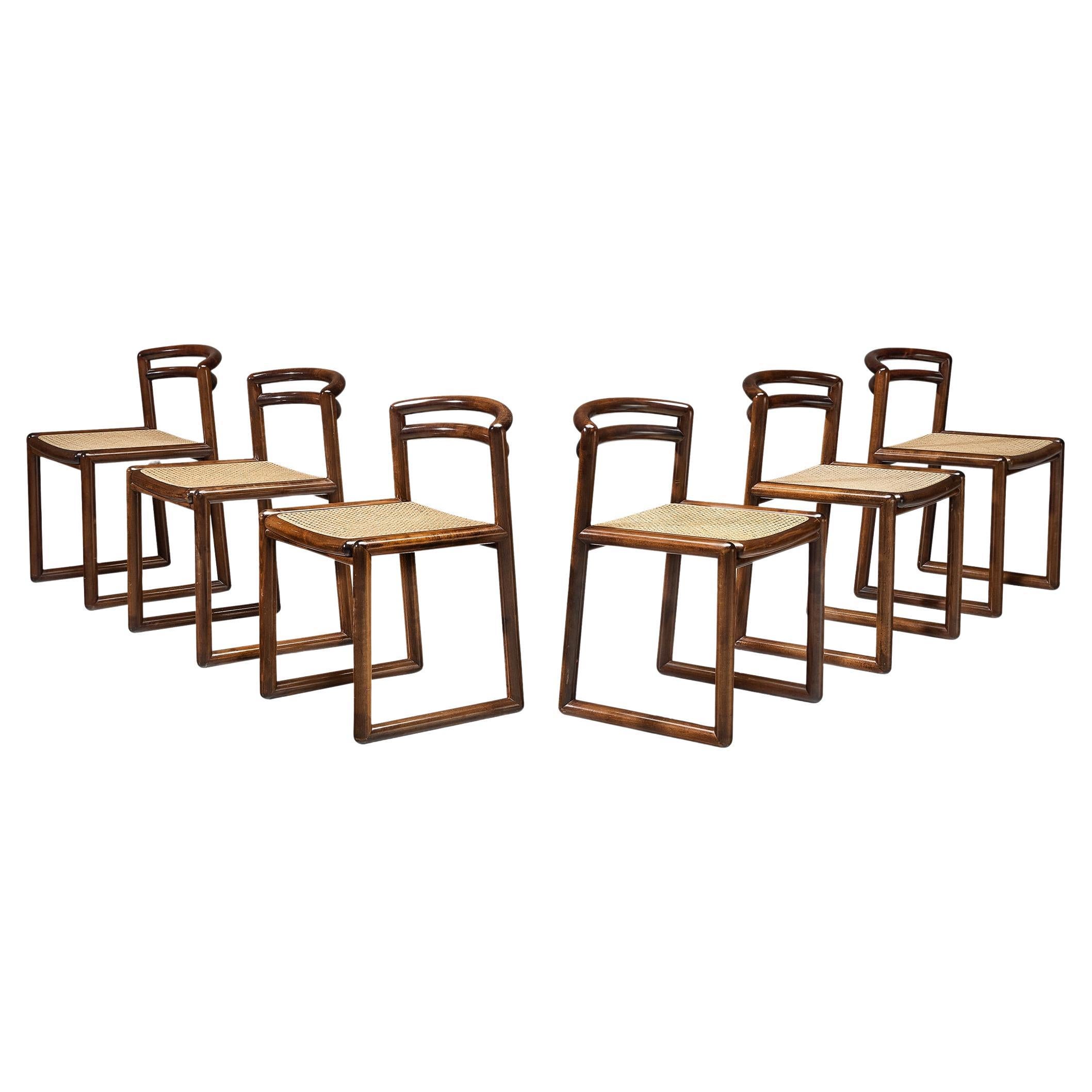 Italian Set of Six Dining Chairs in Stained Wood and Cane