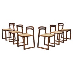 Italian Set of Six Dining Chairs in Lacquered Wood and Cane