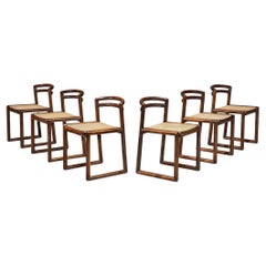 Italian Set of Six Dining Chairs in Stained Wood and Cane