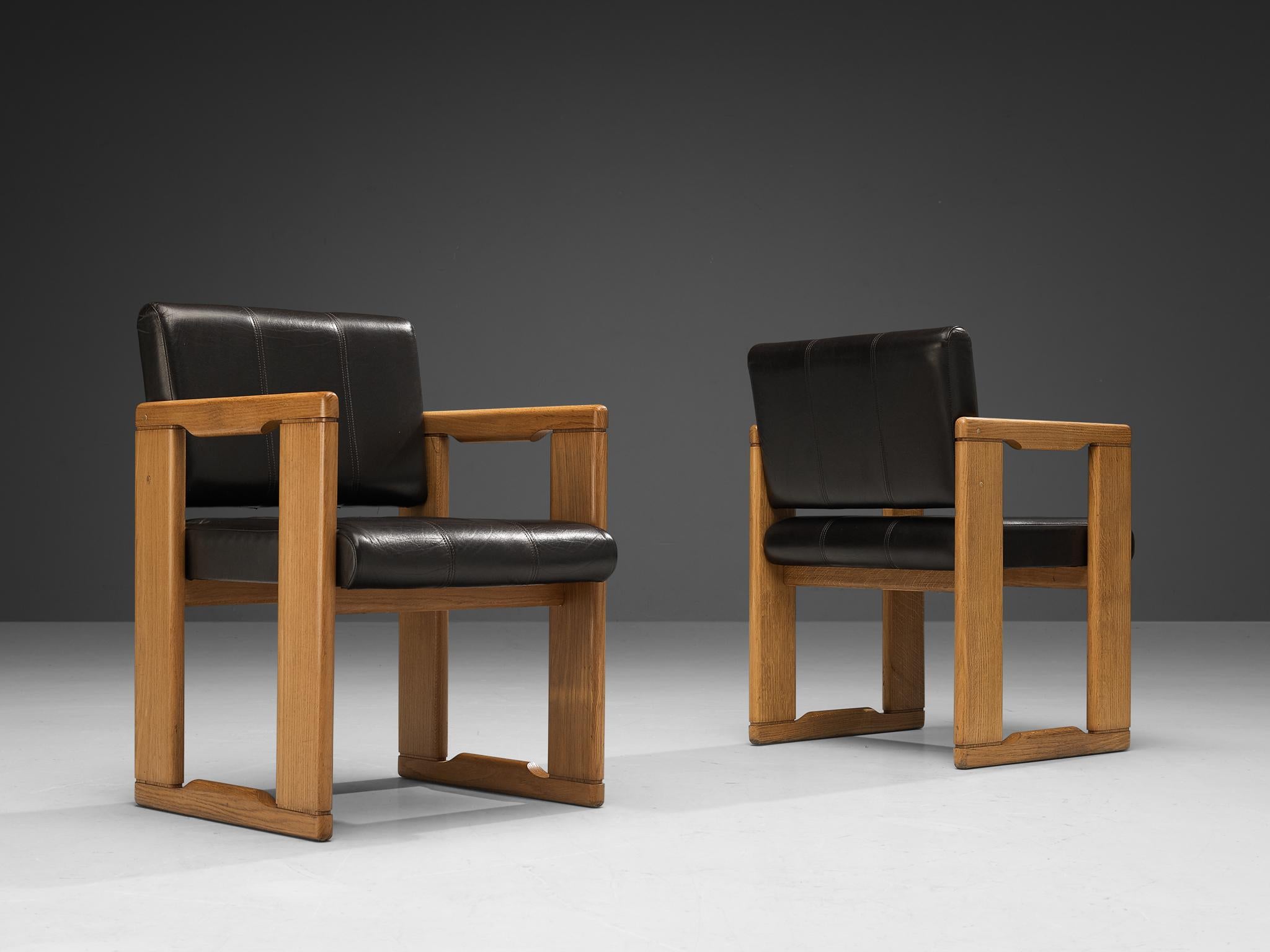 Set of six dining chairs, oak, leather, Italy, 1970s.

This delicate set of dining chairs truly intensifies the experience of sitting itself and is a standout in any modern room. The armchair is well-designed featuring clear lines and geometrical
