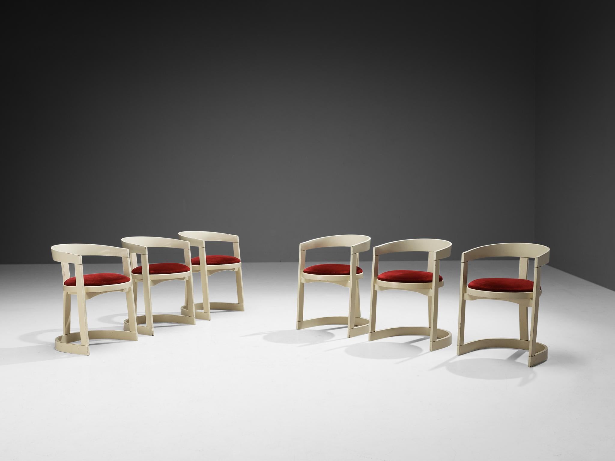 Set of six dining chairs, velvet, lacquered wood, Italy, 1970s

These armchairs embrace the aesthetic sense of the 'Pamplona' chairs designed by Augusto Savini for Pozzi. This design is based on solely round shapes. The curved shape of the back is