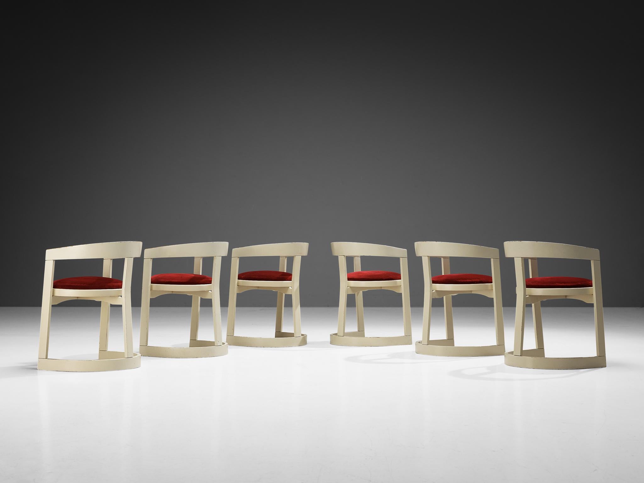 Italian Set of Six Dining Chairs in Red Velvet and White Lacquered Wood  For Sale 1