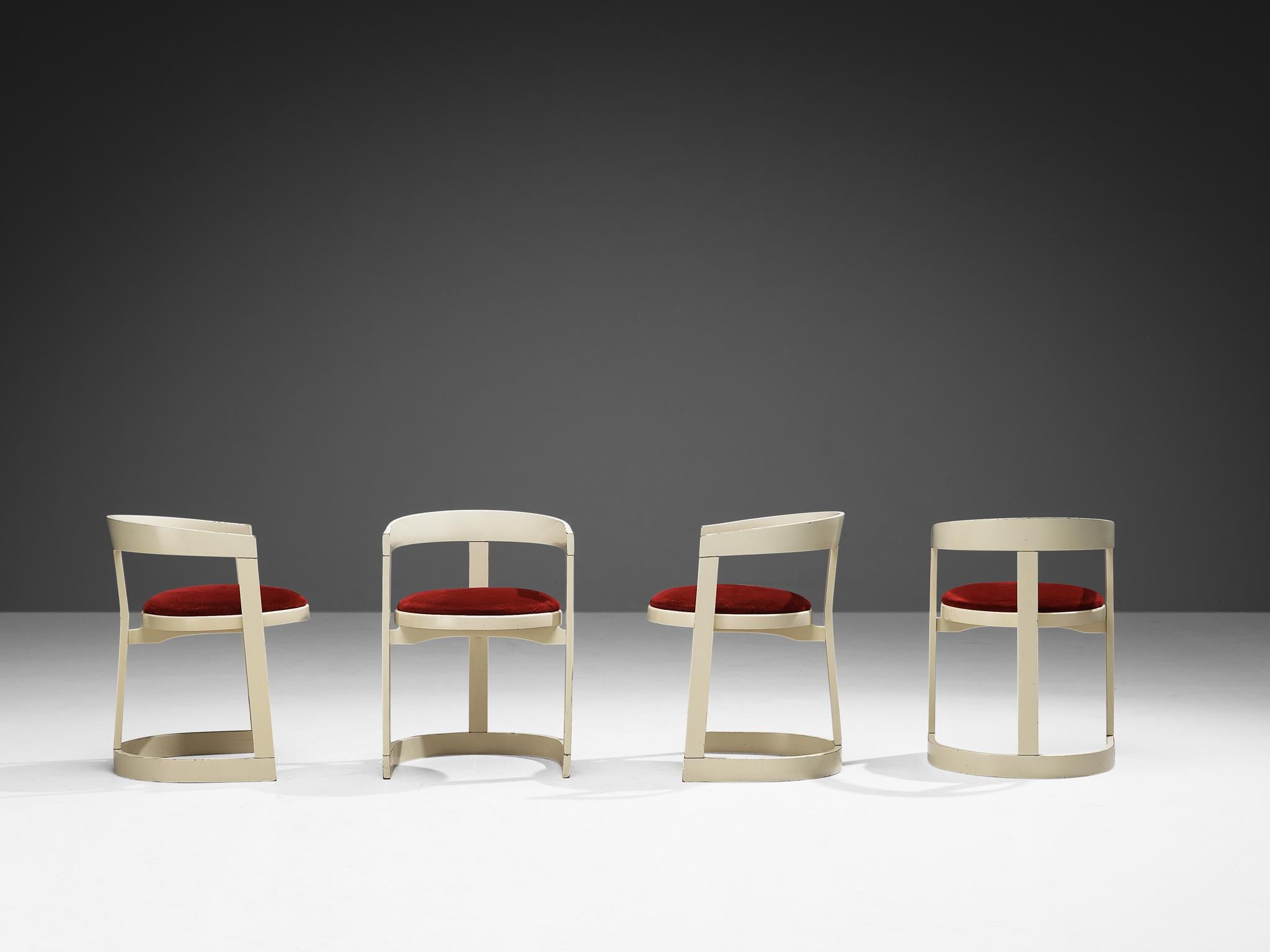 Set italiano di sei sedie da pranzo in velluto rosso e legno laccato bianco 2