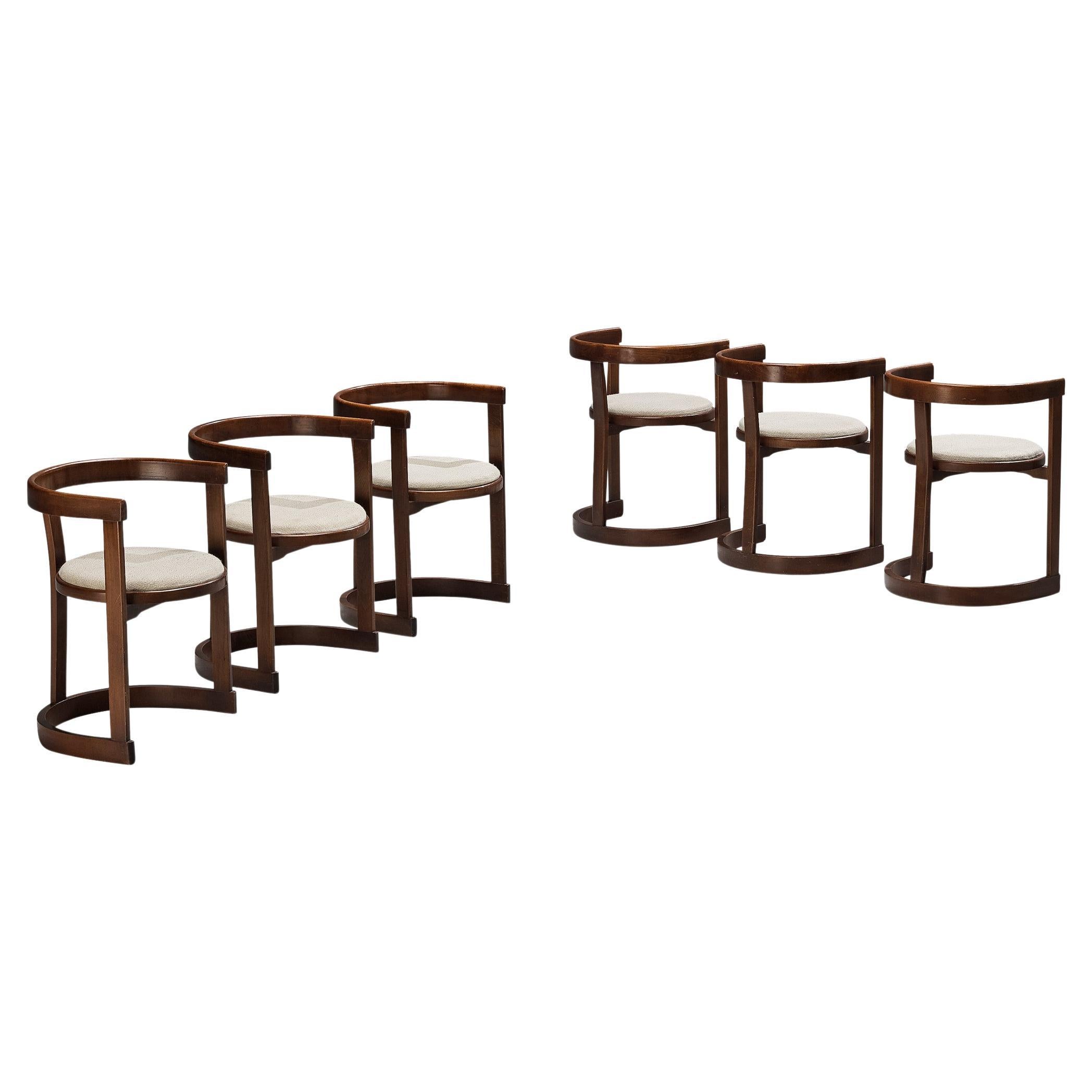 Italian Set of Six Dining Chairs in Stained Wood and Off-White Upholstery  For Sale