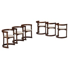Italian Set of Six Dining Chairs in Stained Wood and Off-White Upholstery 