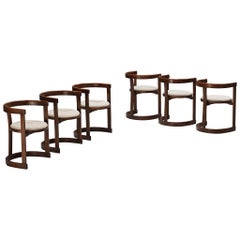 Italian Set of Six Dining Chairs in Stained Wood and Off-White Upholstery