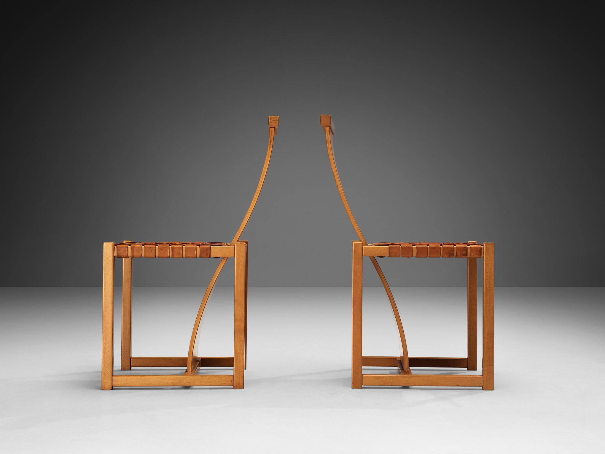 Post-Modern Italian Set of Six Dining Chairs with Woven Leather Seats For Sale