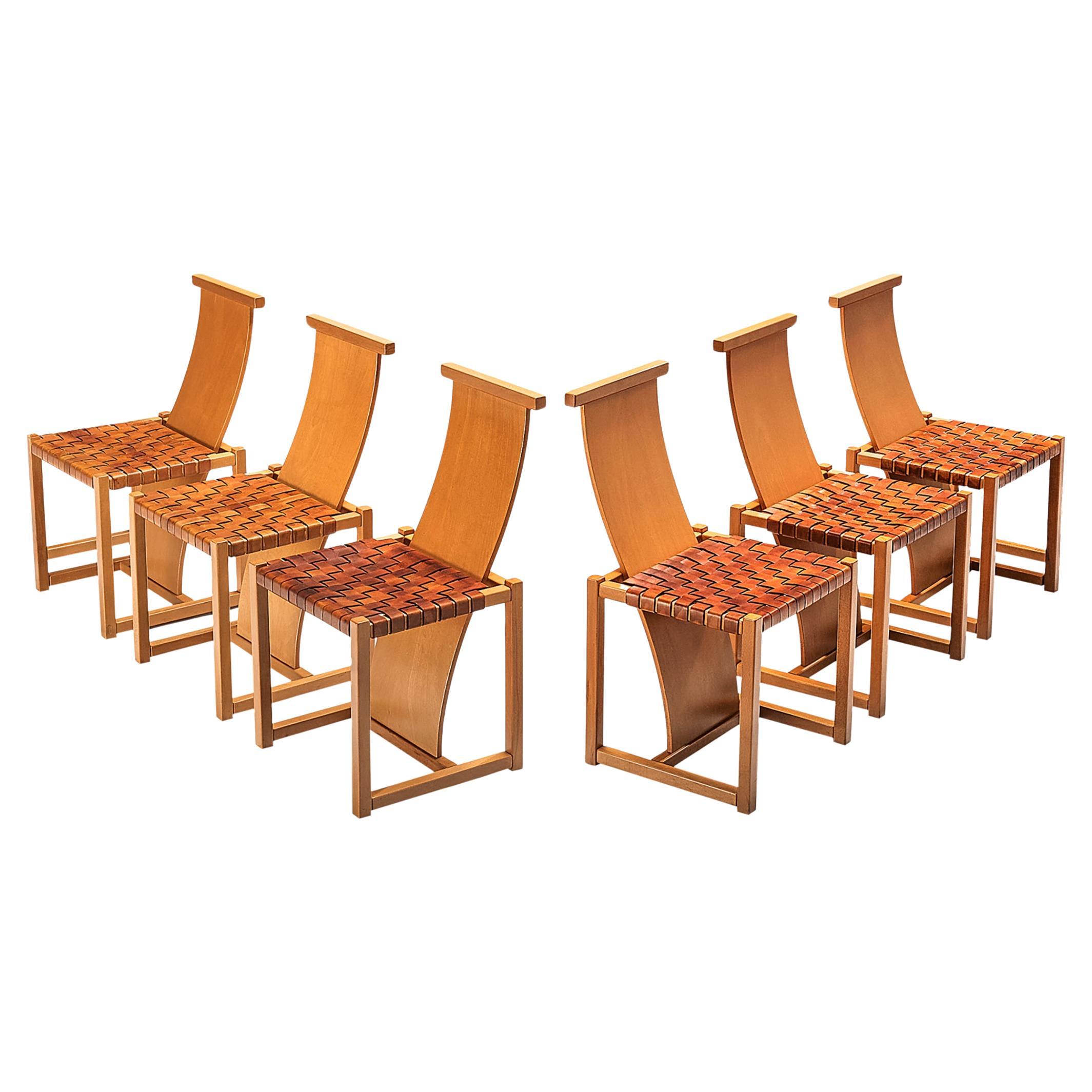 Italian Set of Six Dining Chairs with Woven Leather Seats 