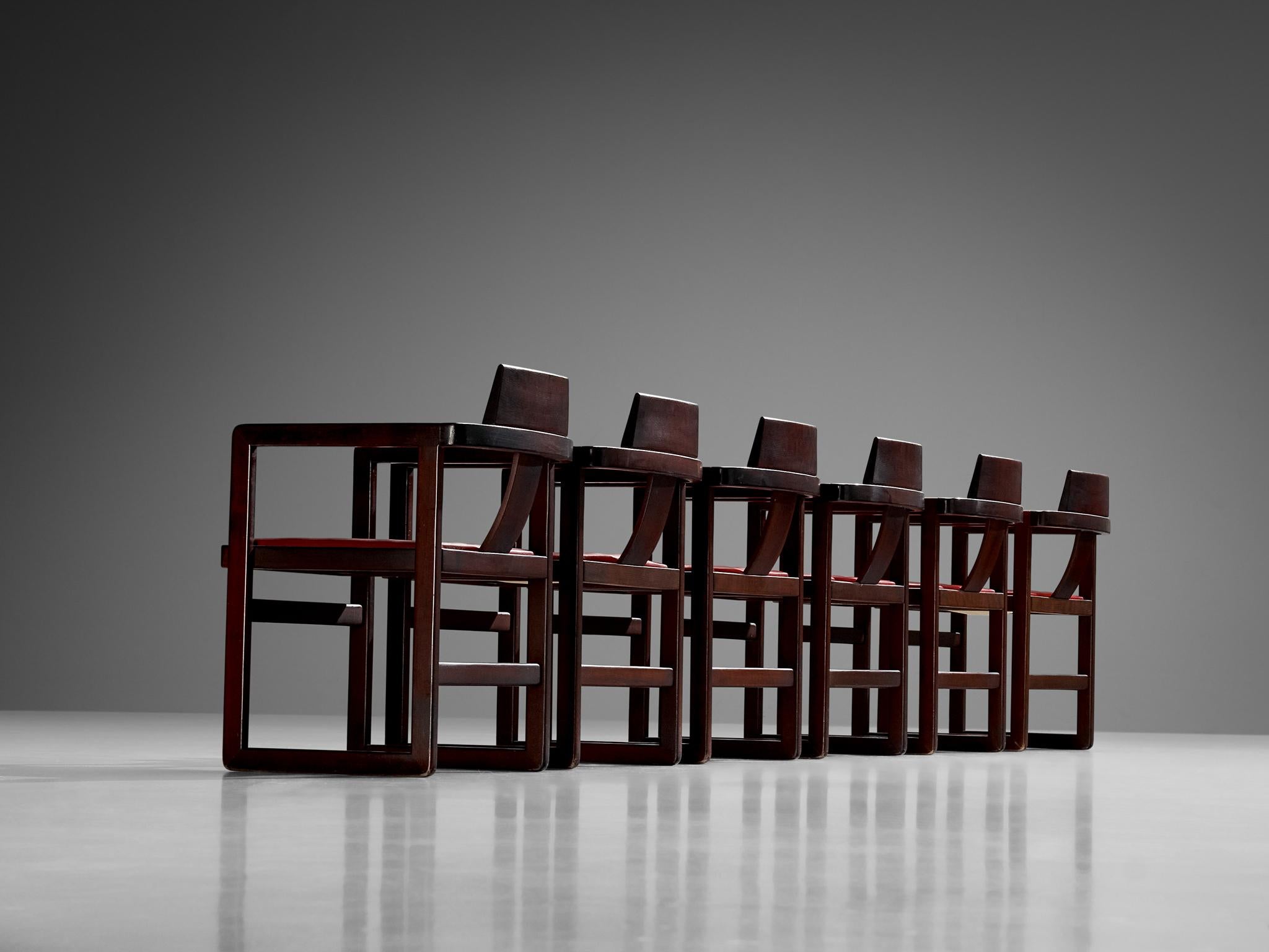 Post-Modern Italian Set of Six Geometric Armchairs in Stained Wood For Sale