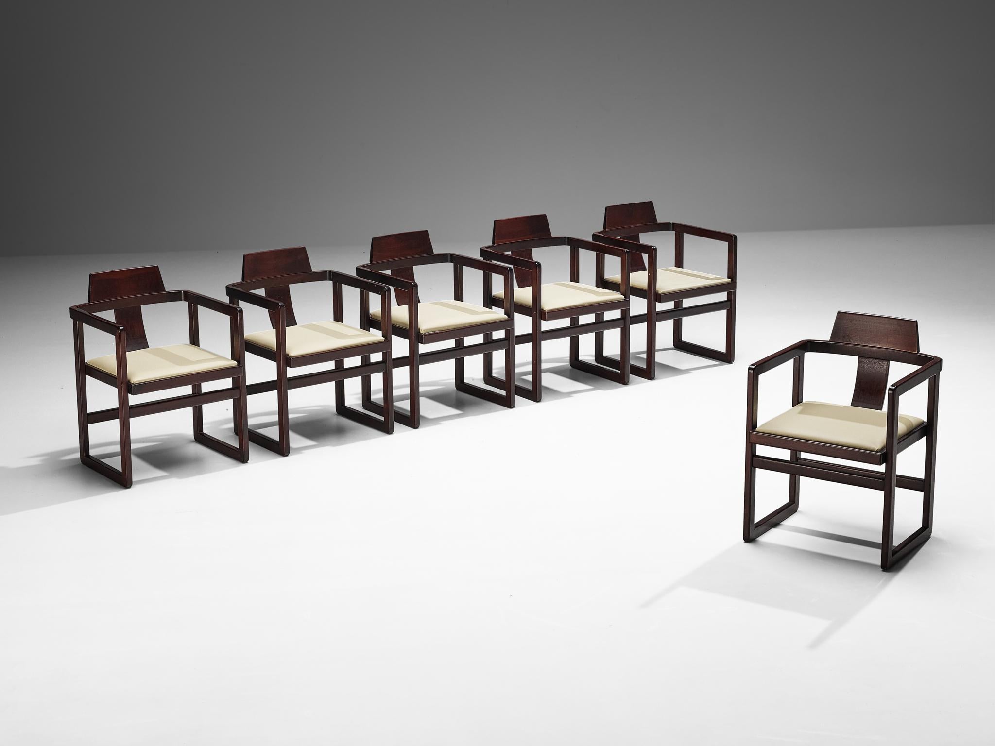 Late 20th Century Italian Set of Six Geometric Armchairs in Stained Wood  For Sale
