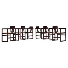 Italian Set of Six Geometric Armchairs in Stained Wood 