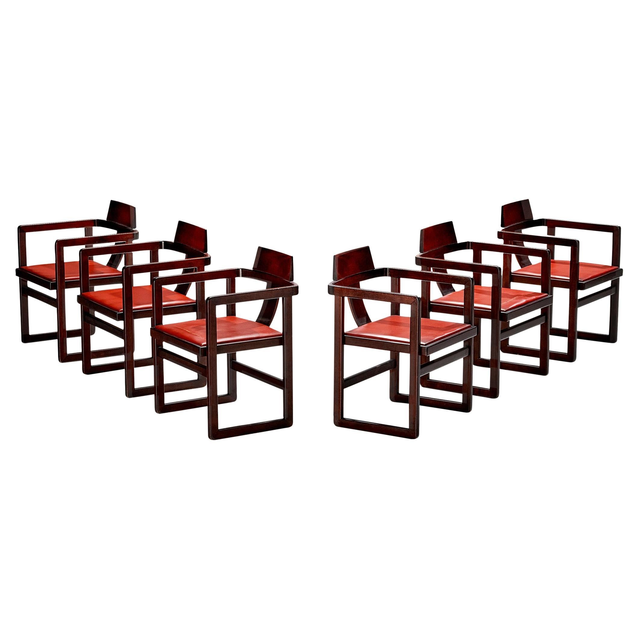 Italian Set of Six Geometric Armchairs in Stained Wood For Sale