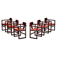 Italian Set of Six Geometric Armchairs in Stained Wood