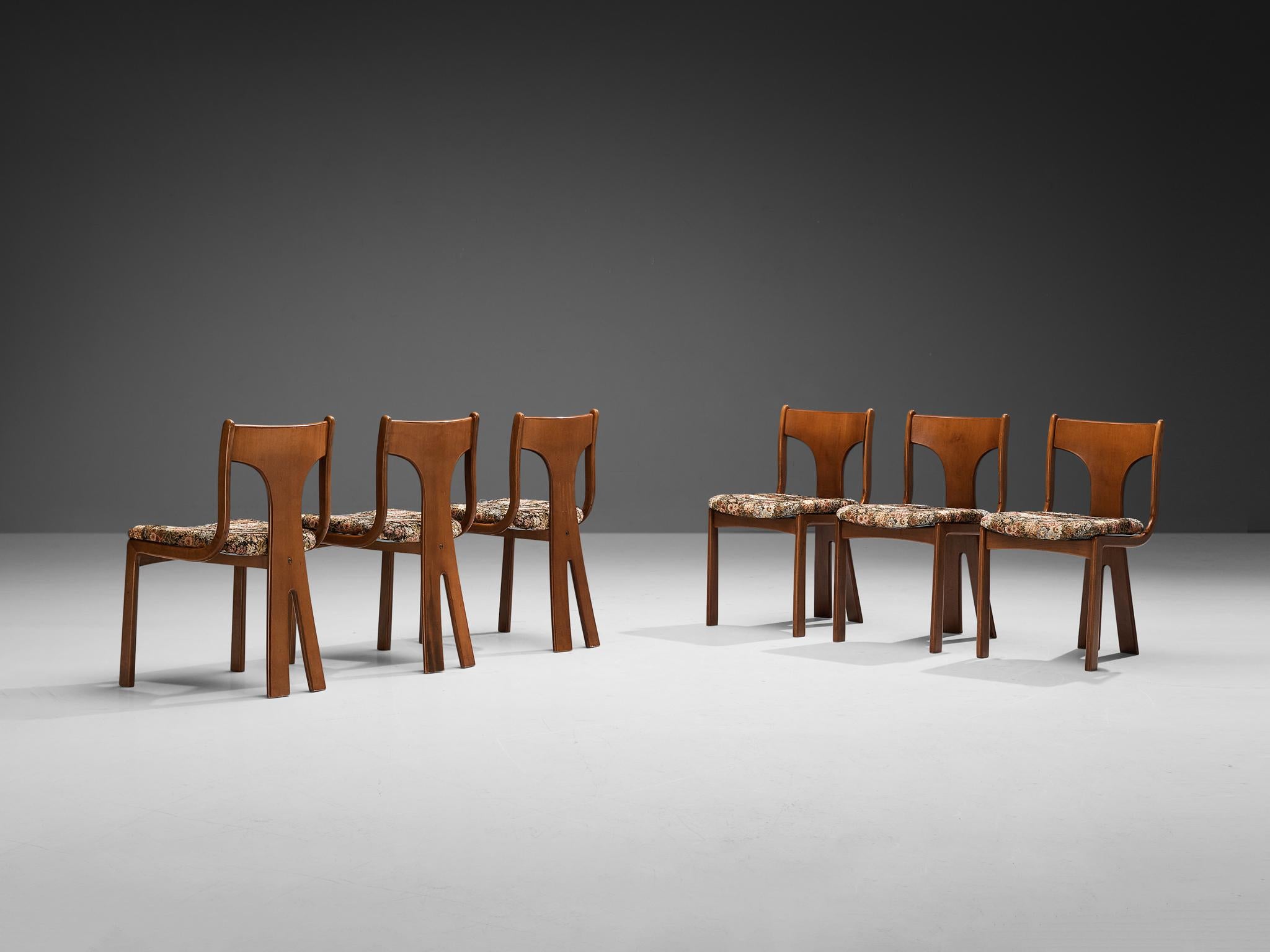 Mid-20th Century Italian Set of Six Sculptural Dining Chairs in Wood and Floral Upholstery For Sale