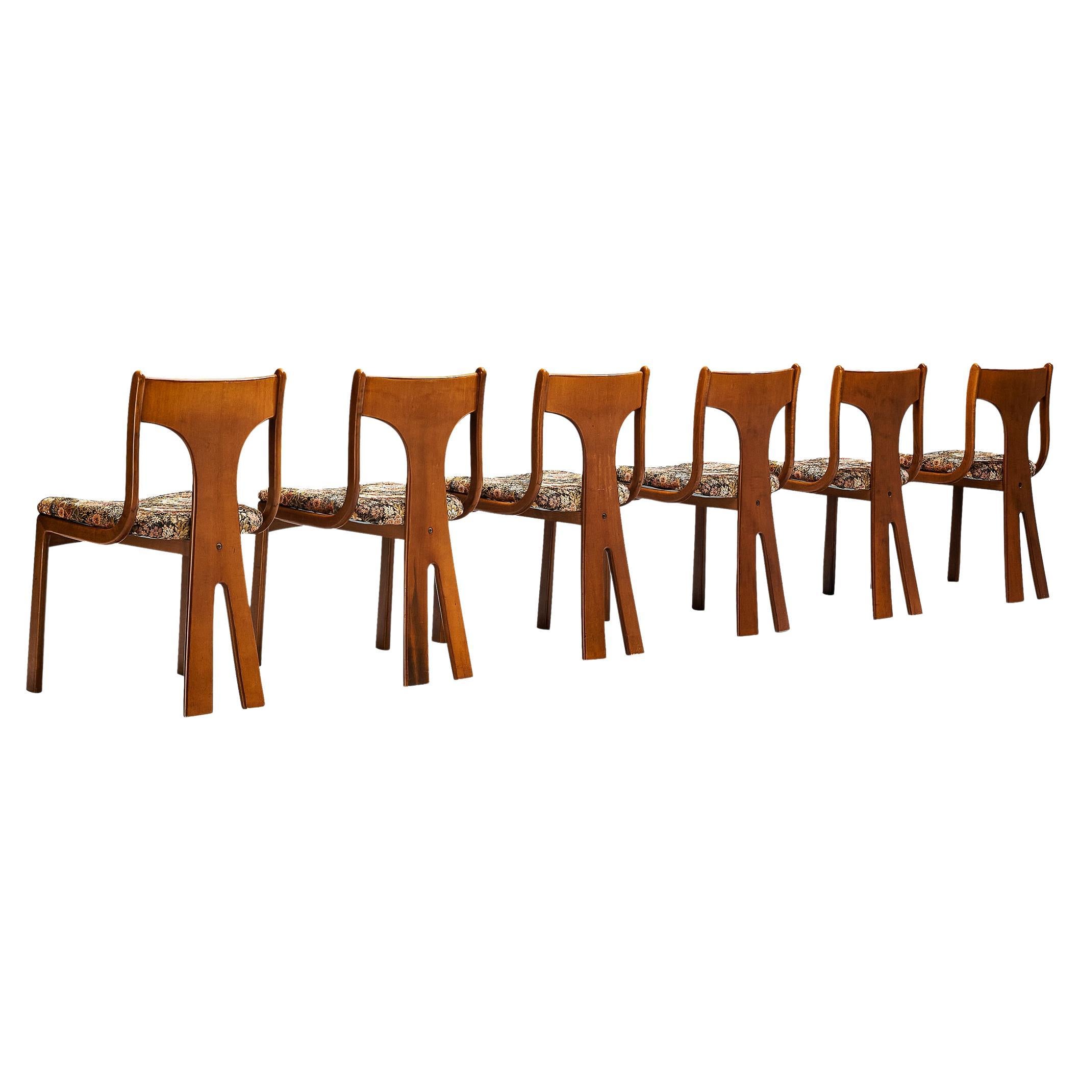 Italian Set of Six Sculptural Dining Chairs in Wood and Floral Upholstery