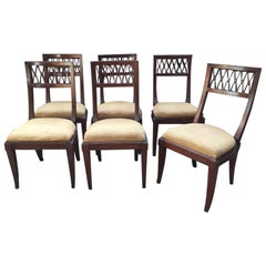 Italian Set of Six Walnut and Jute Neoclassical Chairs from 1920s