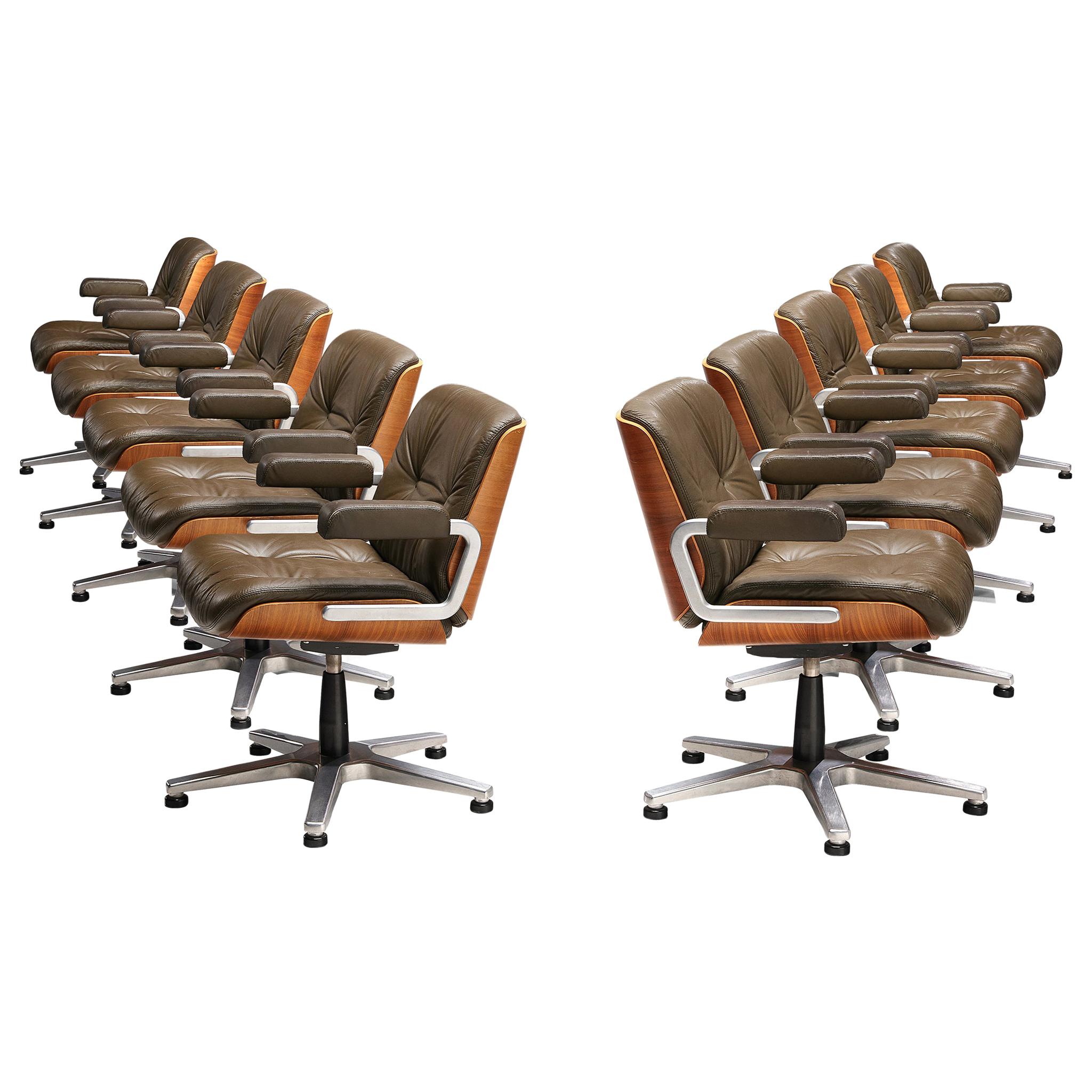 Italian Set of Ten Conference Swivel Chairs in Leather and Walnut, 1970s