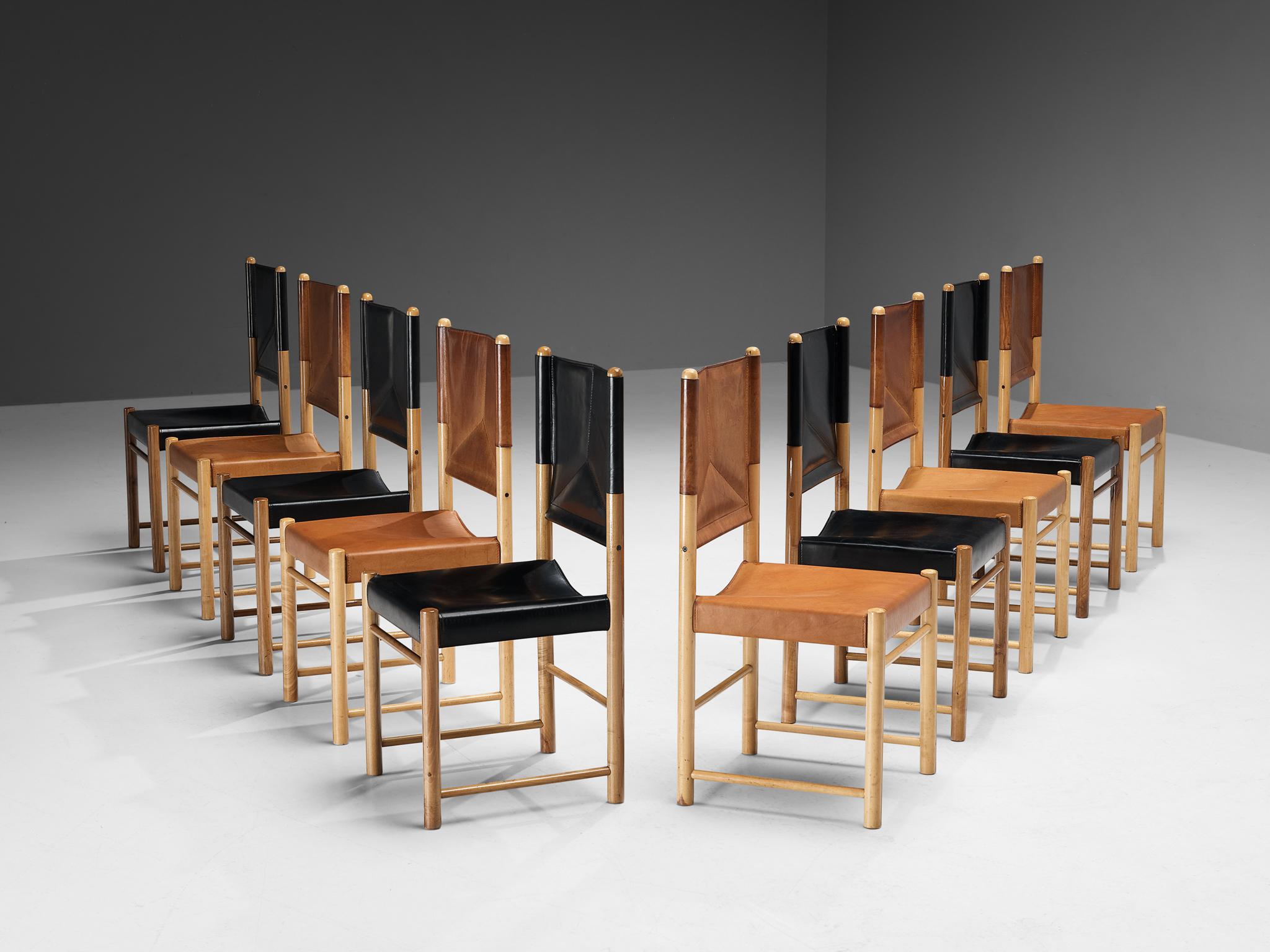 Set of ten dining chairs, beech, leather, Italy, 1970s

A delicate set of chairs that are well-proportioned and will elevate one's dining area in a vigorous and strong way. The wooden frame is composed of cylindrical beams to which the leather is