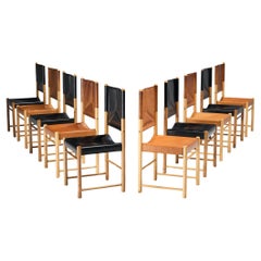 Retro Italian Set of Ten Dining Chairs in Black and Cognac Leather