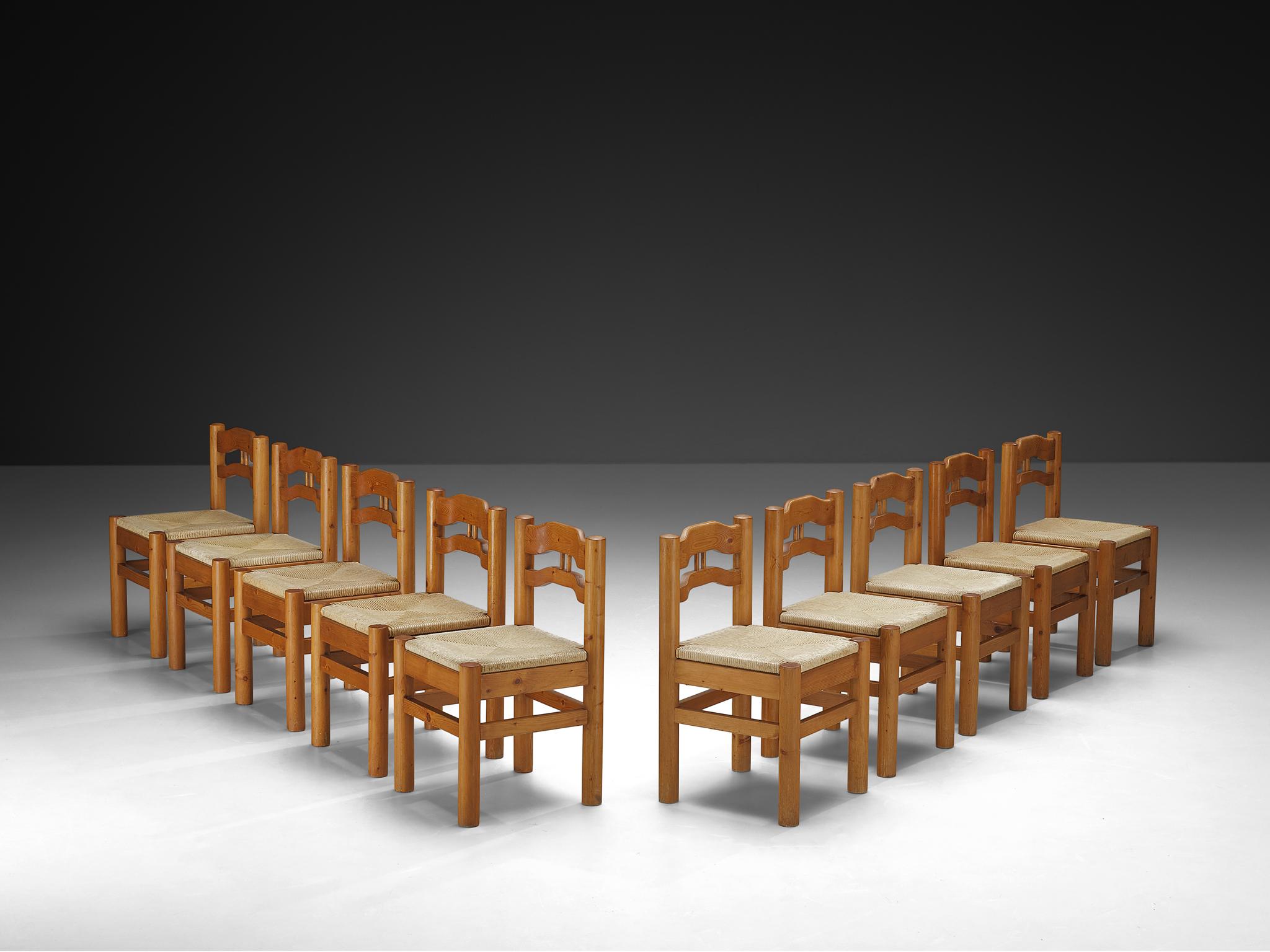 Mid-Century moderno Set italiano di dieci sedie da pranzo in pino massiccio e corda di carta in vendita