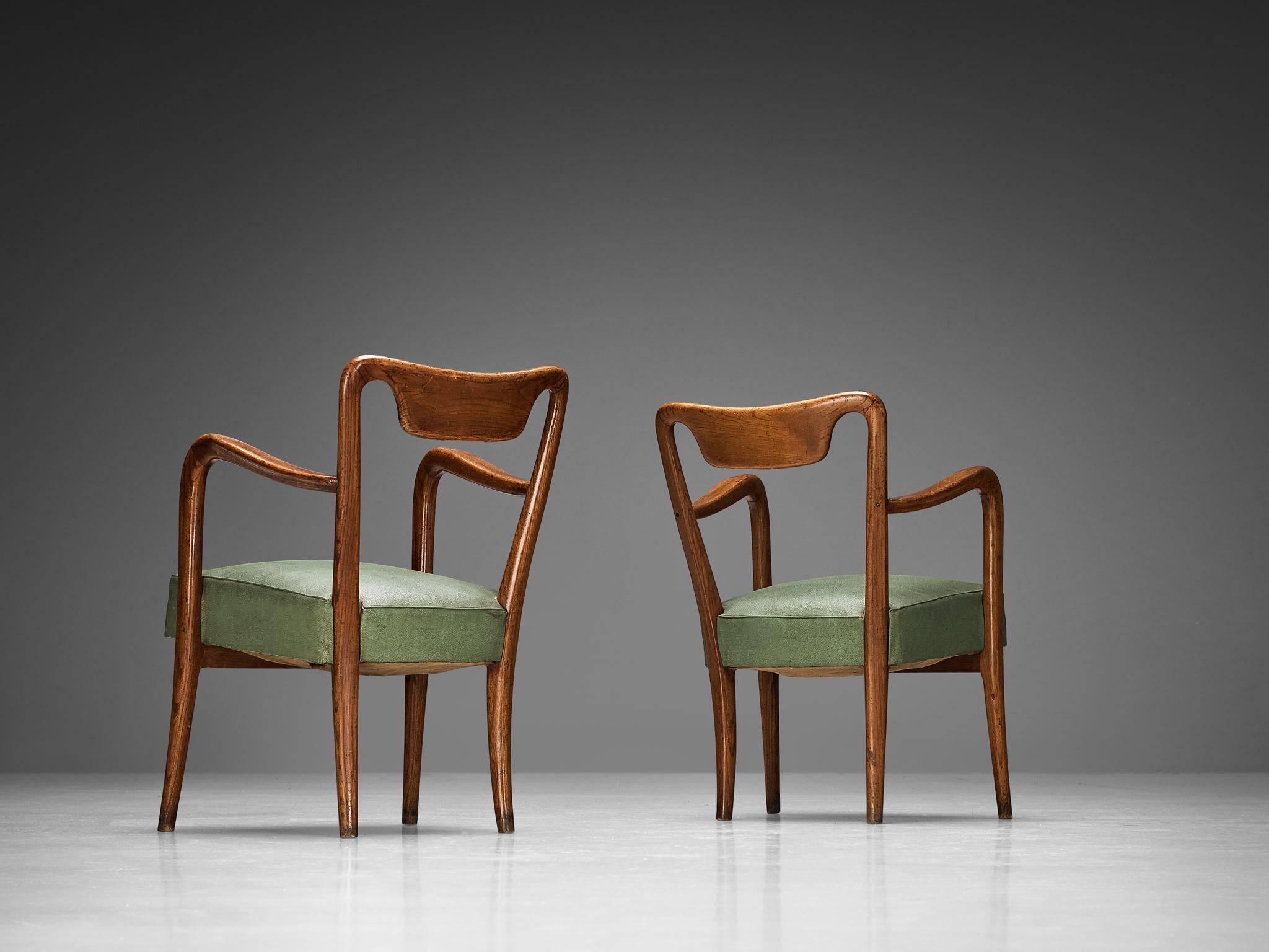 Mid-Century Modern Ensemble italien de dix chaises de salle à manger en teck et tapisserie verte  en vente