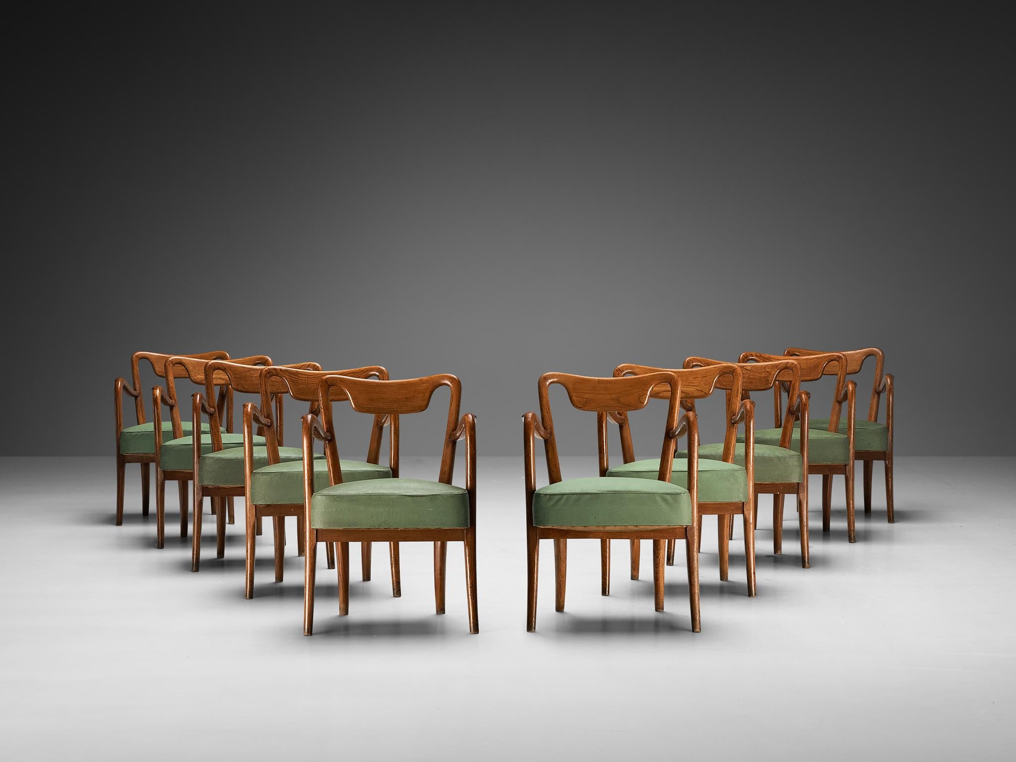 Milieu du XXe siècle Ensemble italien de dix chaises de salle à manger en teck et tapisserie verte  en vente