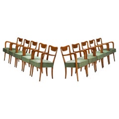 Ensemble italien de dix chaises de salle à manger en teck et tapisserie verte 