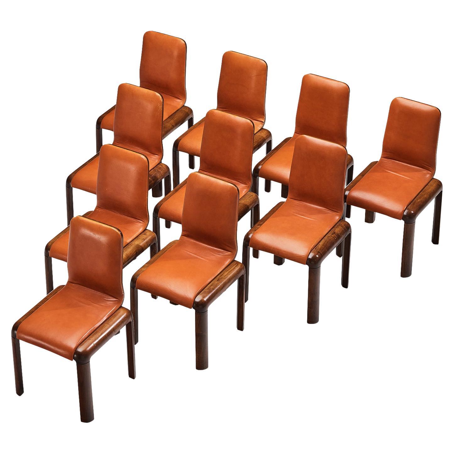 Italian Set of Ten Dining Chairs in Walnut and Cognac Leather 