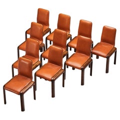 Vintage Italian Set of Ten Dining Chairs in Walnut and Cognac Leather 