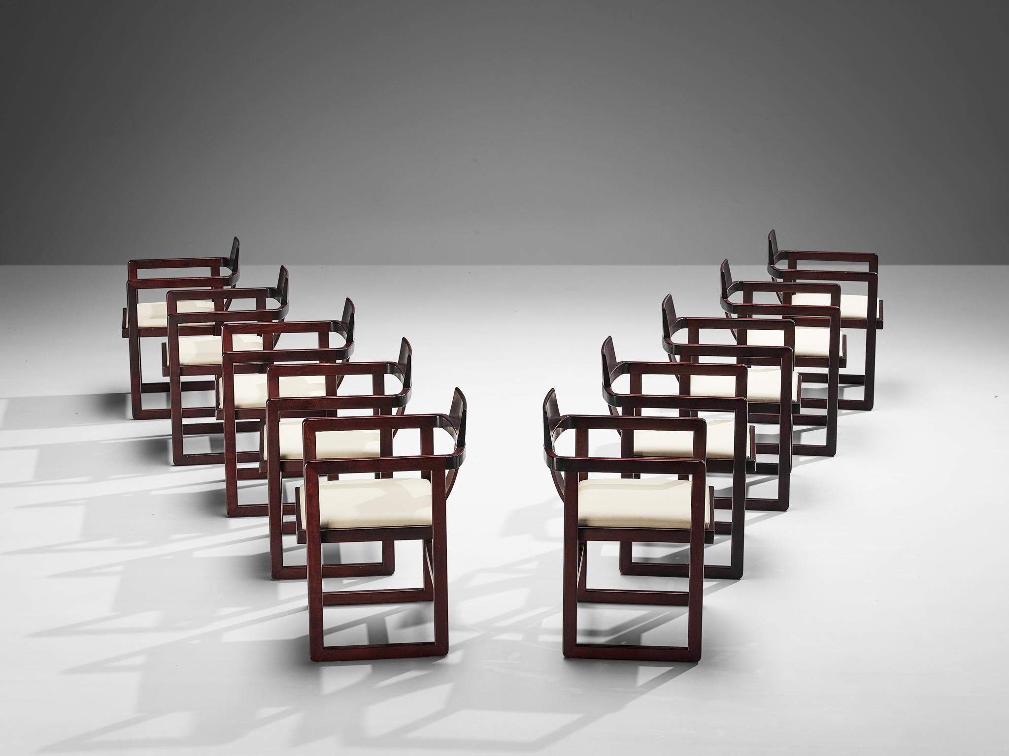 Late 20th Century Italian Set of Ten Geometric Armchairs in Stained Wood  For Sale
