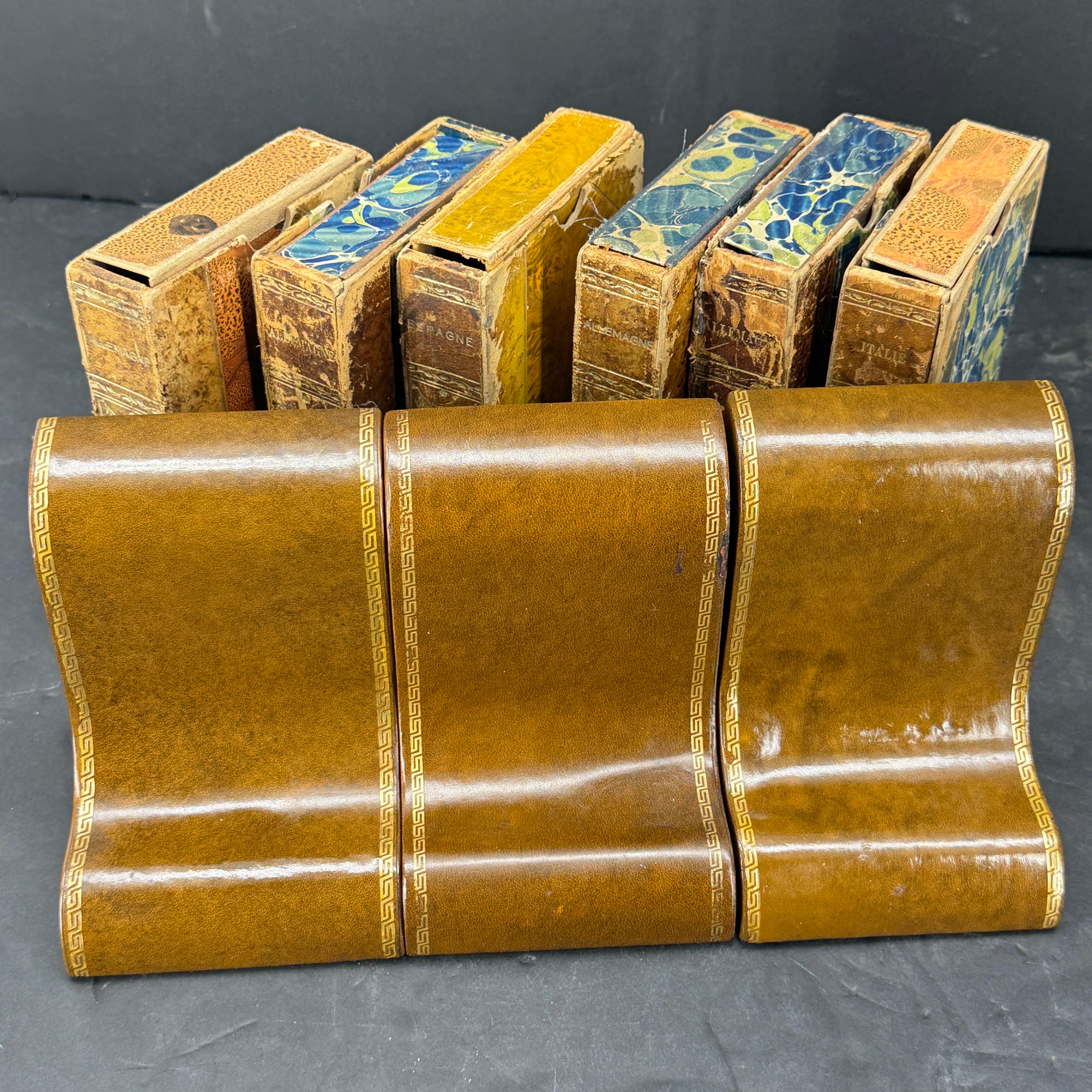 Three Italian Greek Key Brown Leather Bookends, Mid-Century Modern For Sale 7
