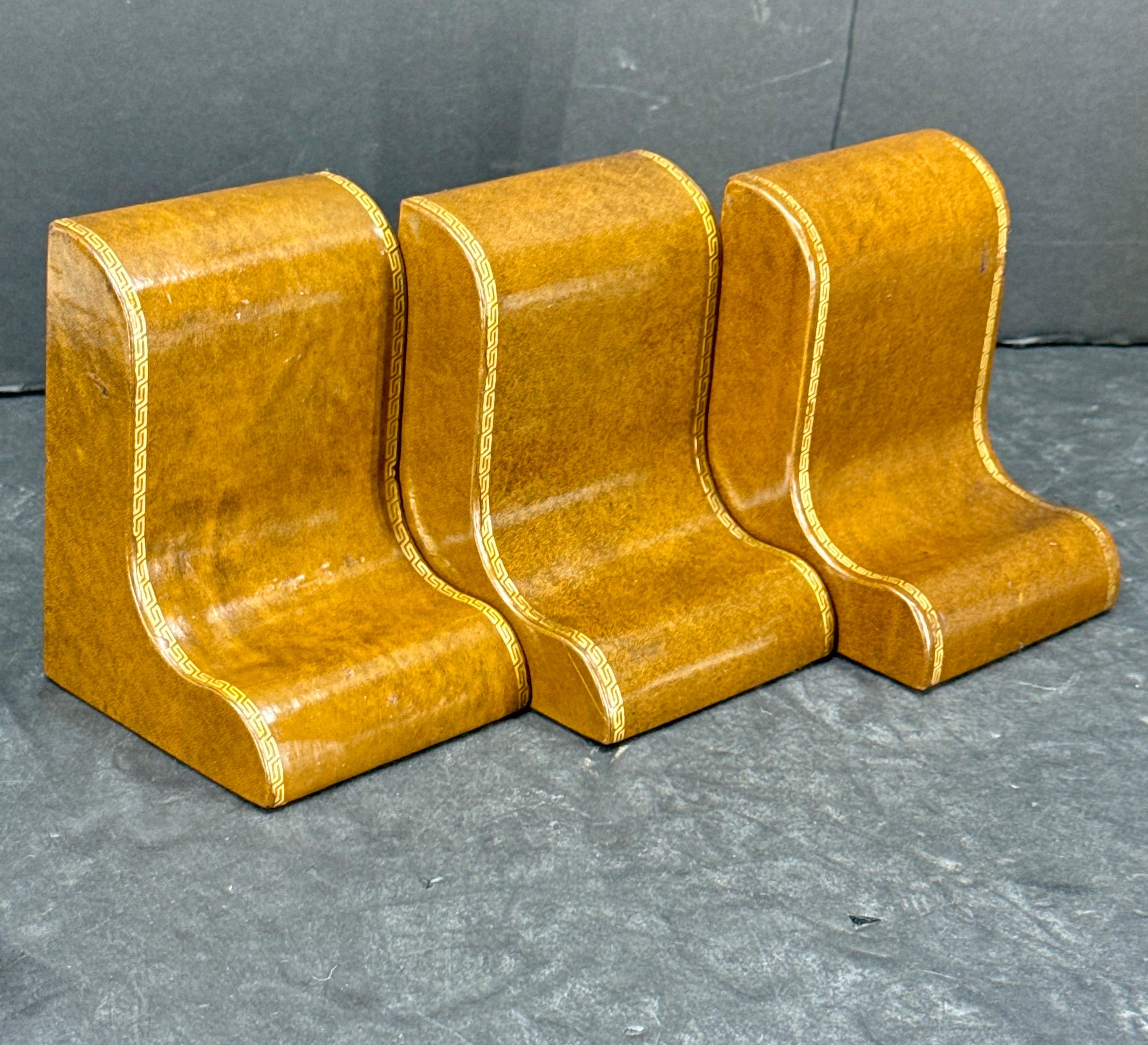 French Three Italian Greek Key Brown Leather Bookends, Mid-Century Modern For Sale