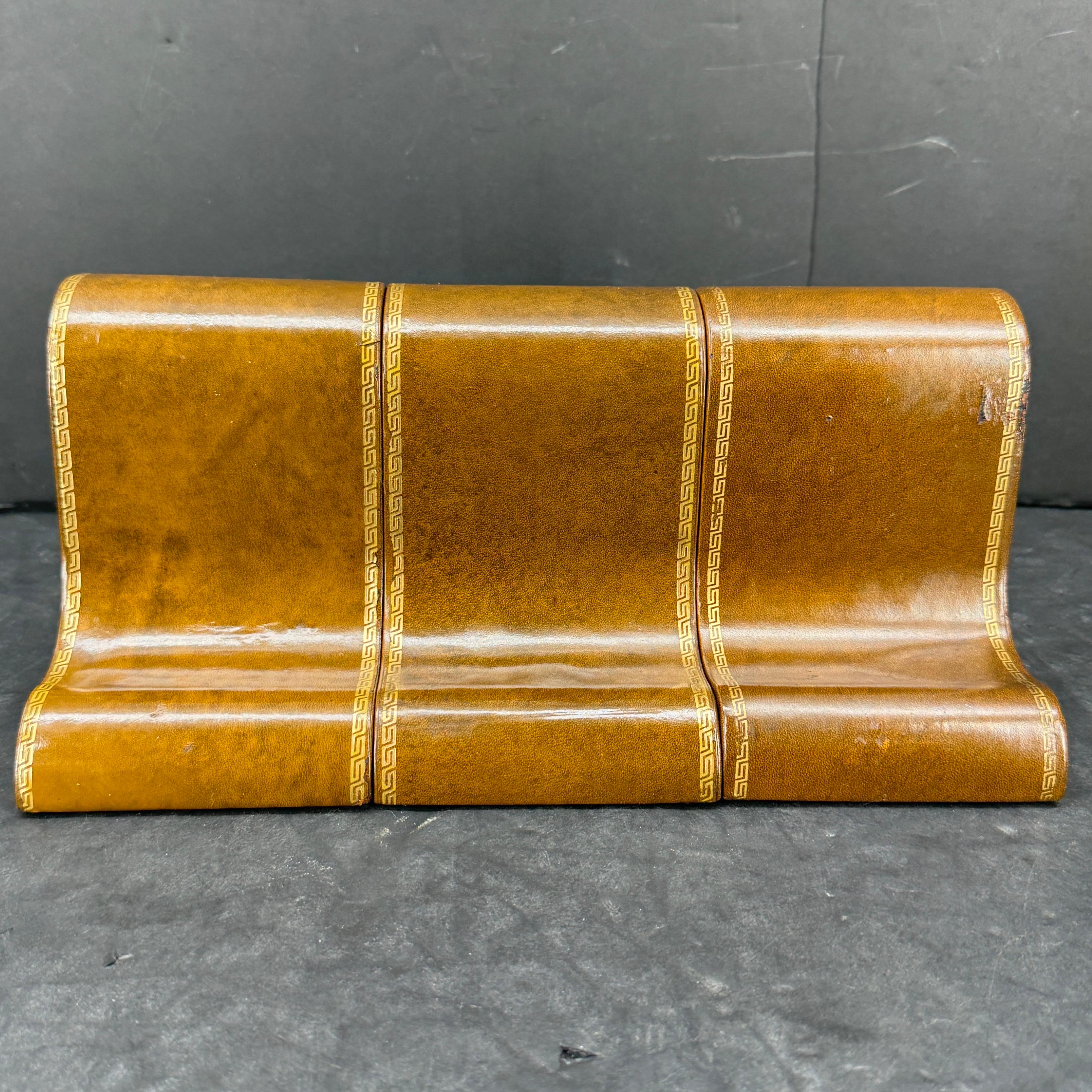 Hand-Crafted Three Italian Greek Key Brown Leather Bookends, Mid-Century Modern For Sale