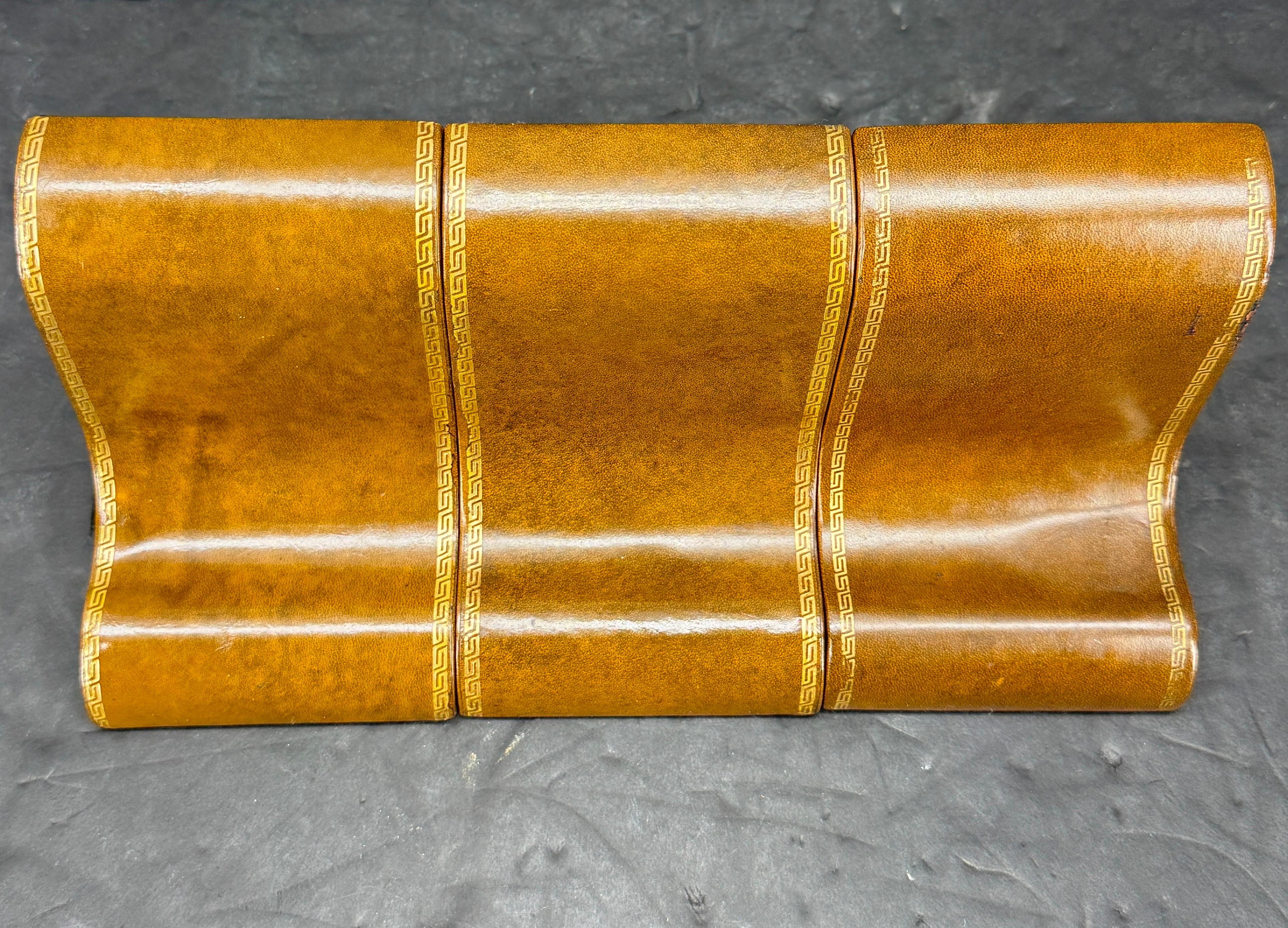 Three Italian Greek Key Brown Leather Bookends, Mid-Century Modern In Good Condition For Sale In Haddonfield, NJ