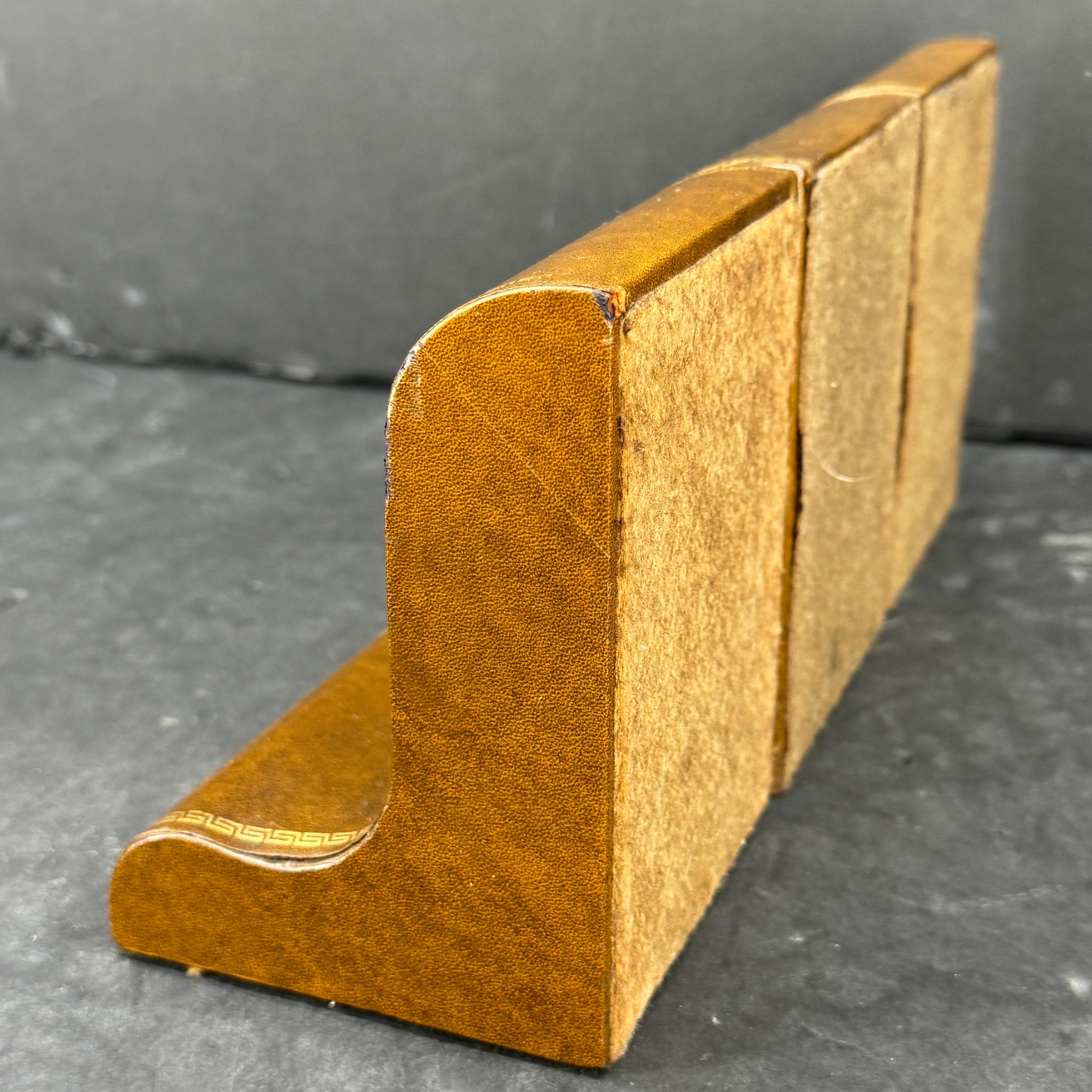 20th Century Three Italian Greek Key Brown Leather Bookends, Mid-Century Modern For Sale