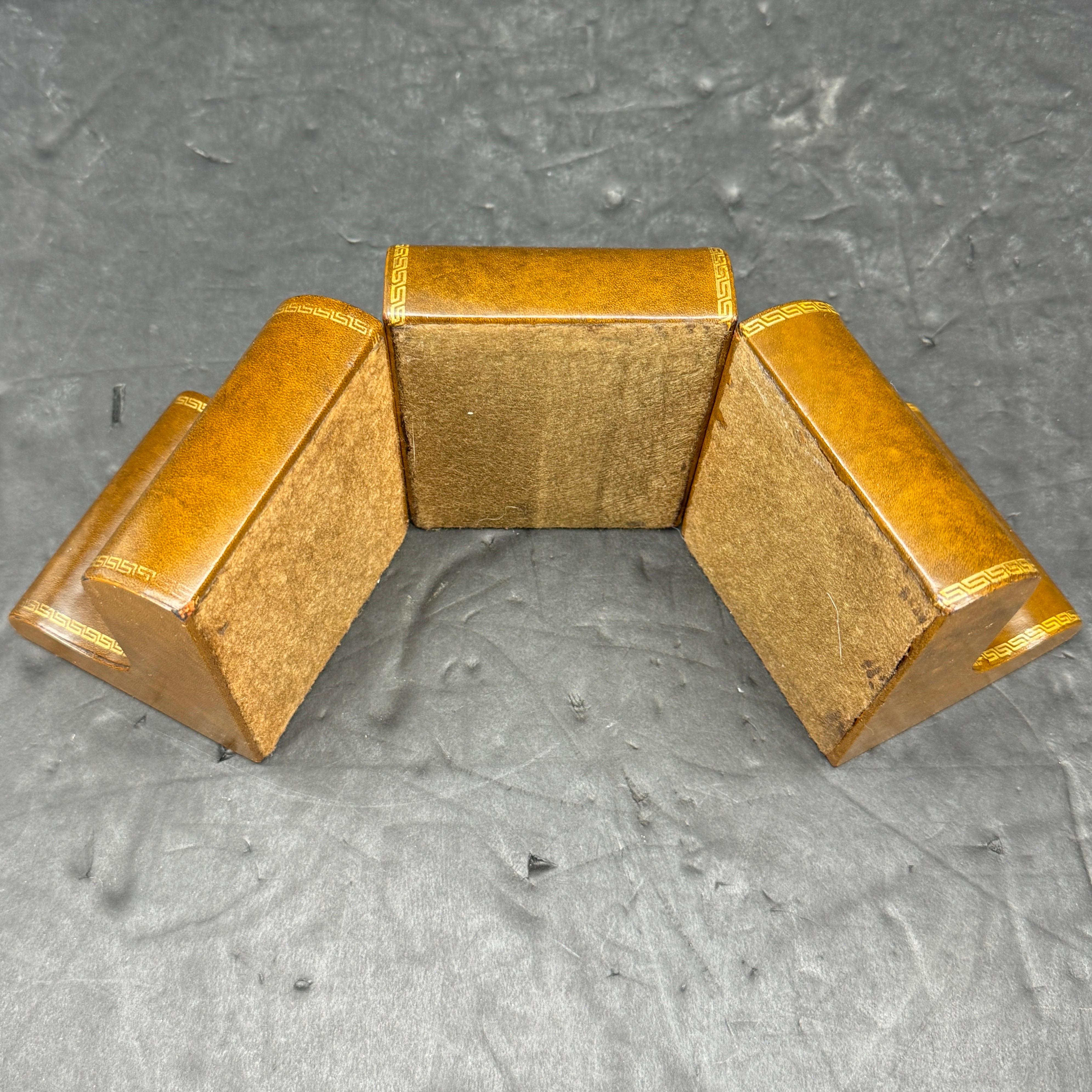 Three Italian Greek Key Brown Leather Bookends, Mid-Century Modern For Sale 1