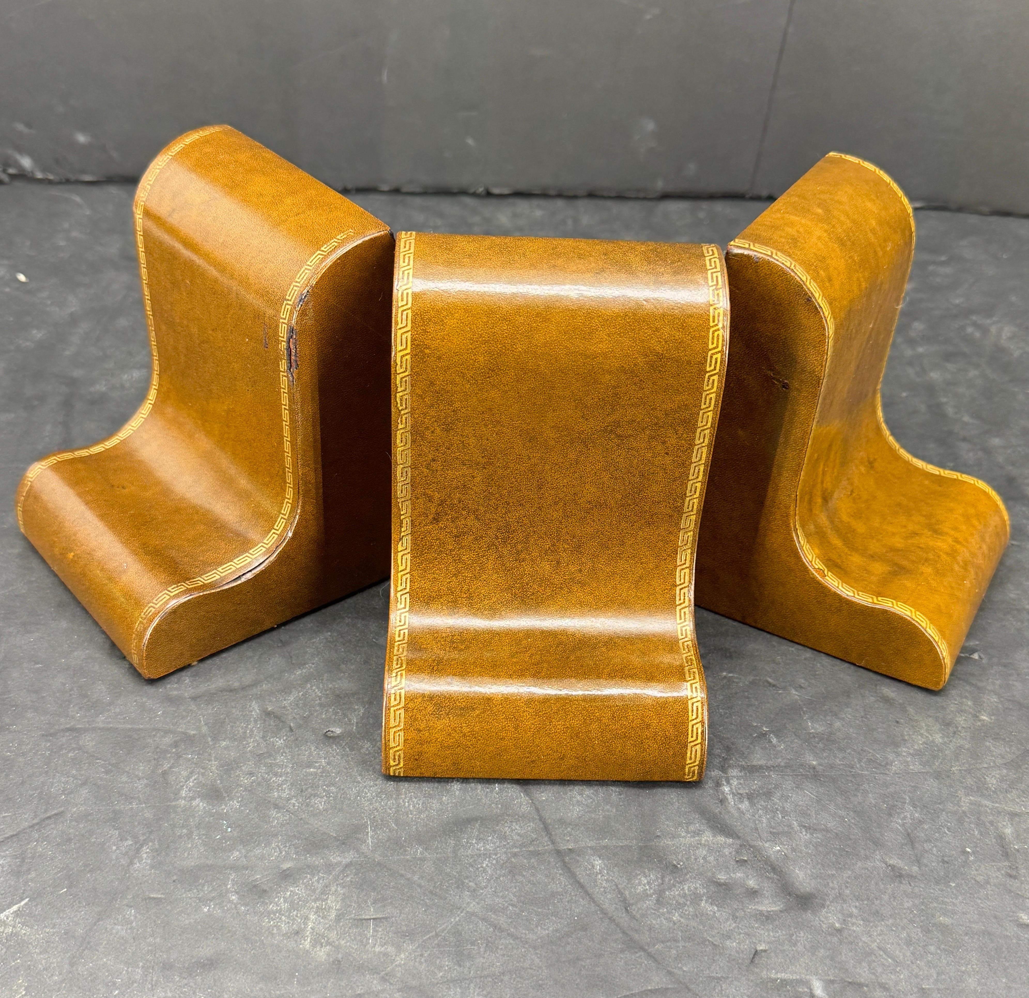 Three Italian Greek Key Brown Leather Bookends, Mid-Century Modern For Sale 2