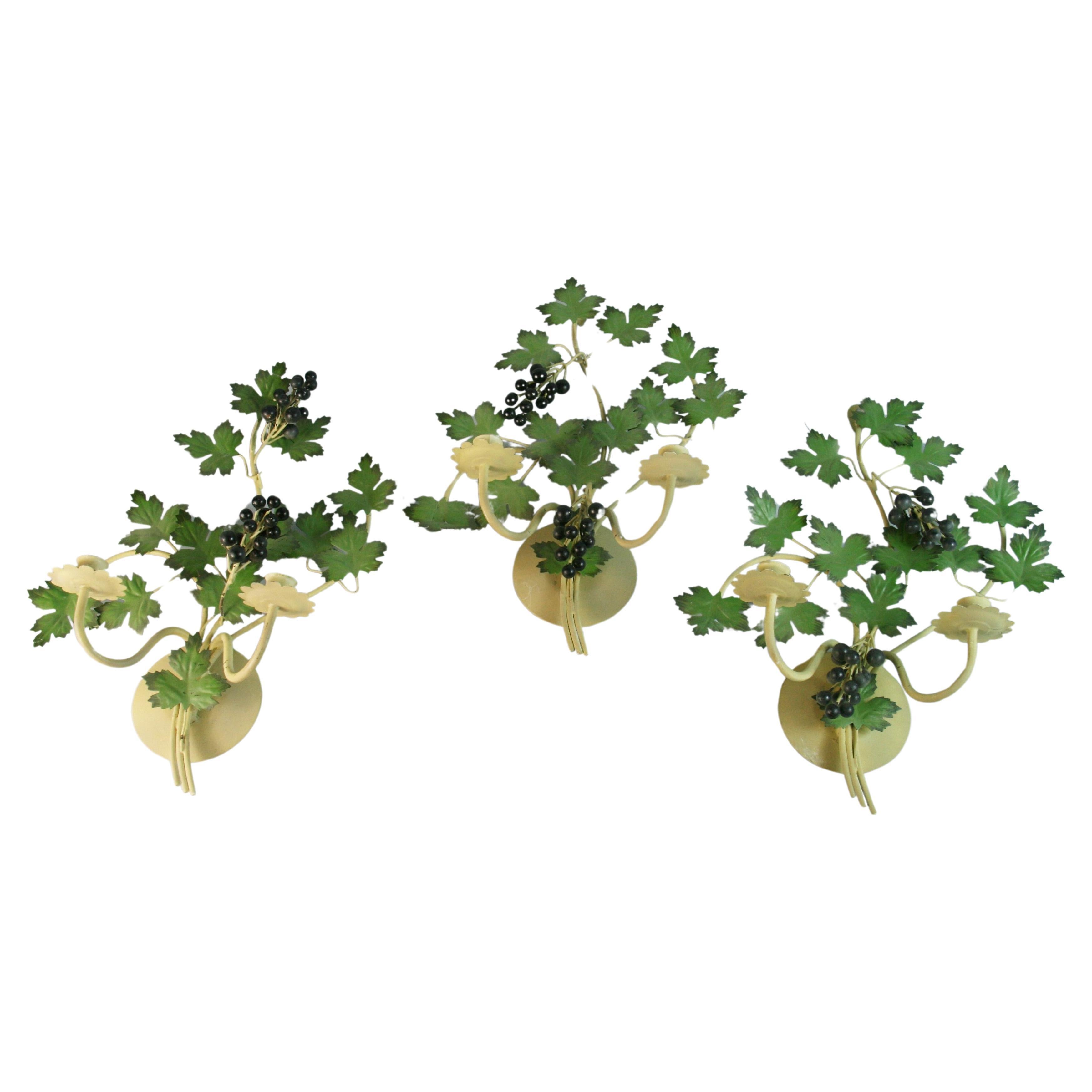 Italian Set of three Leaves and Grapes Candle Sconces/Wall sculpture For Sale