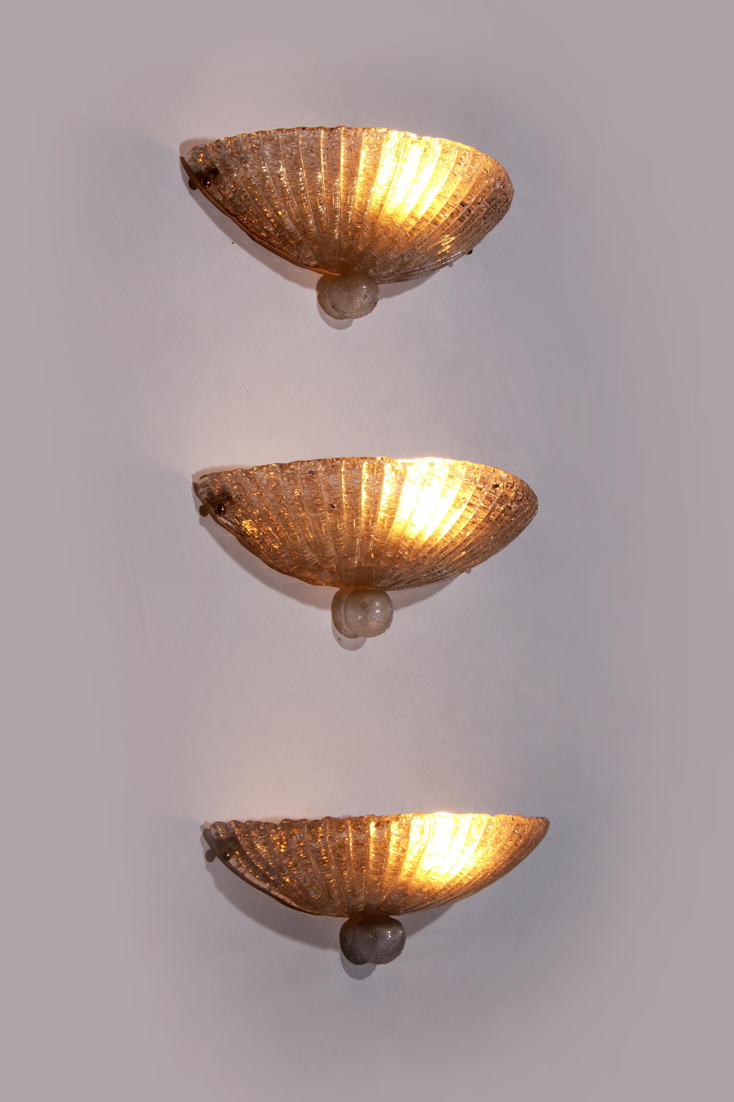 Mid-Century Modern Italian set of three Murano glass wall lamps, 1960 For Sale