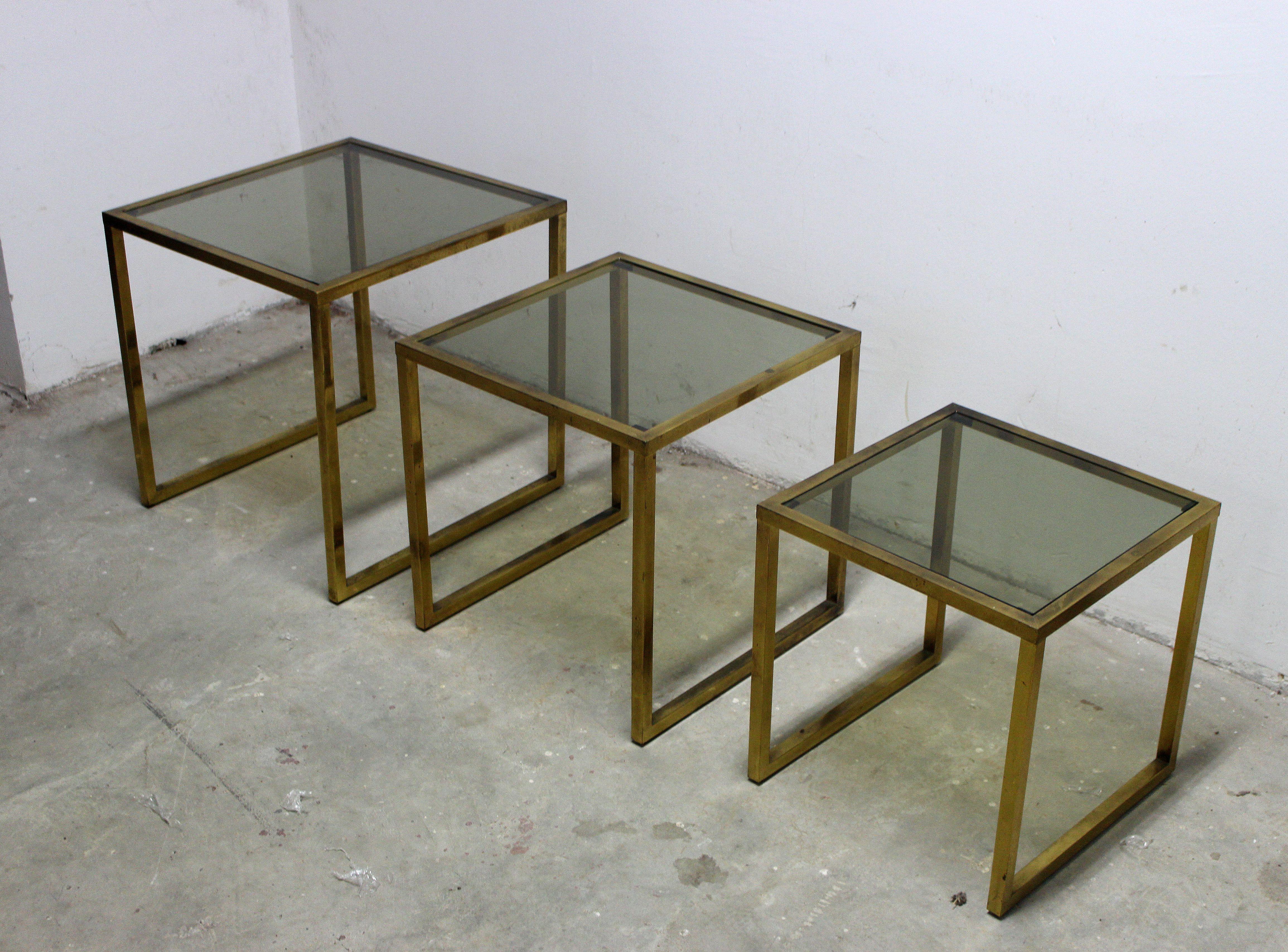 Mid-Century Modern Italian Set of Three Nesting Brass Tables For Sale