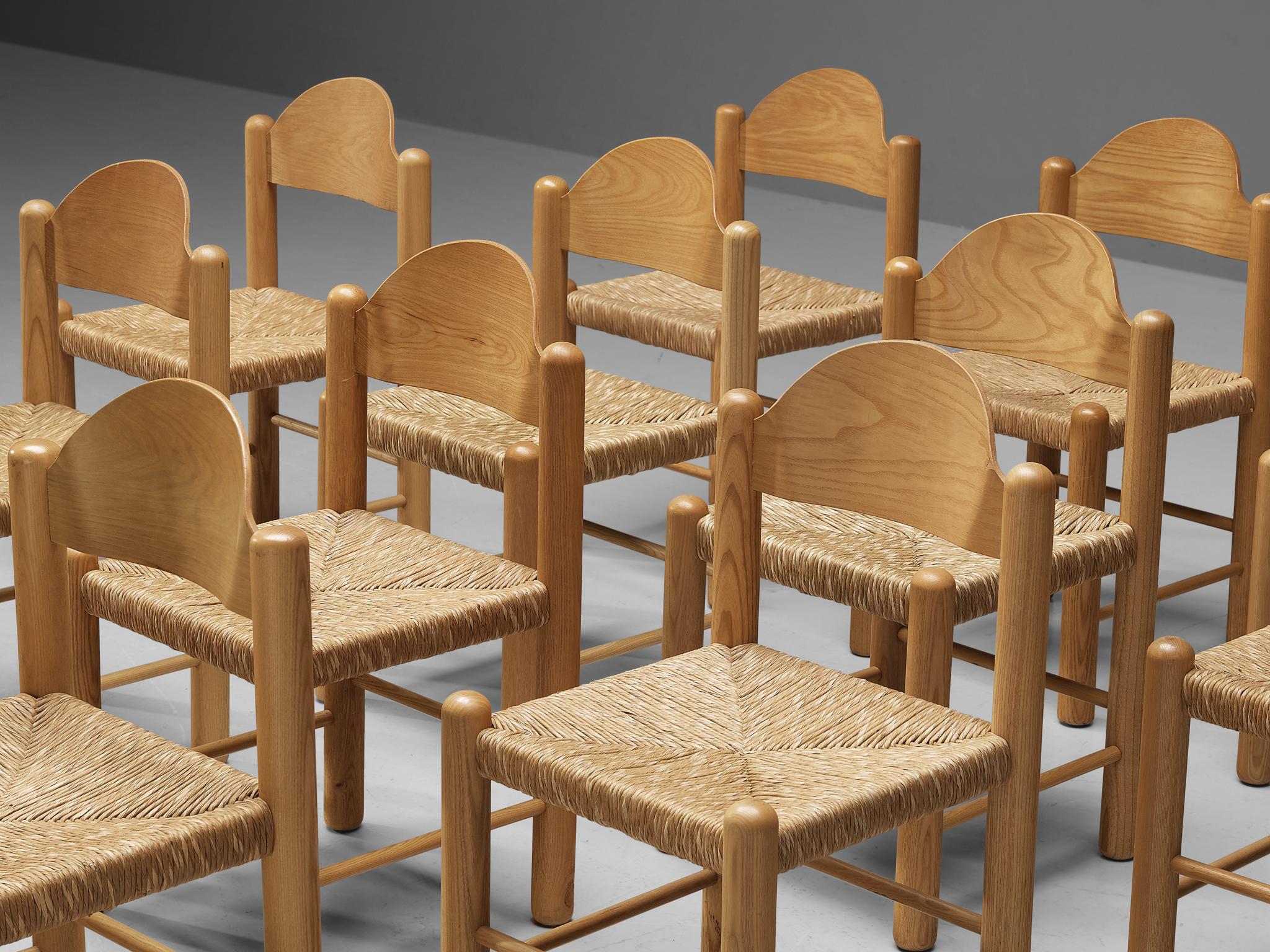 Mid-Century Modern Italian Set of Twelve Dining Chairs in Ash with Rush Seats  For Sale