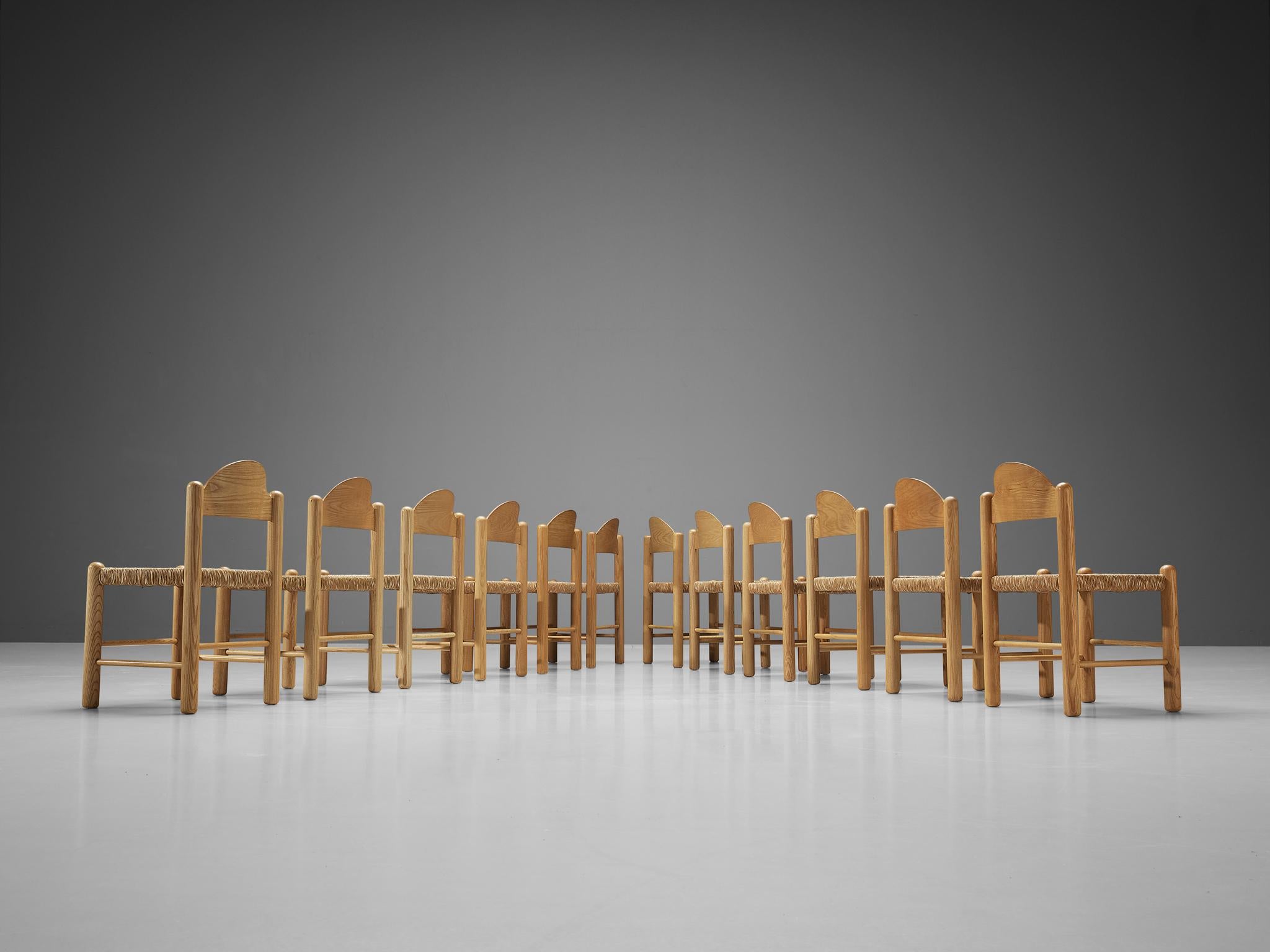 Late 20th Century Italian Set of Twelve Dining Chairs in Ash with Rush Seats  For Sale